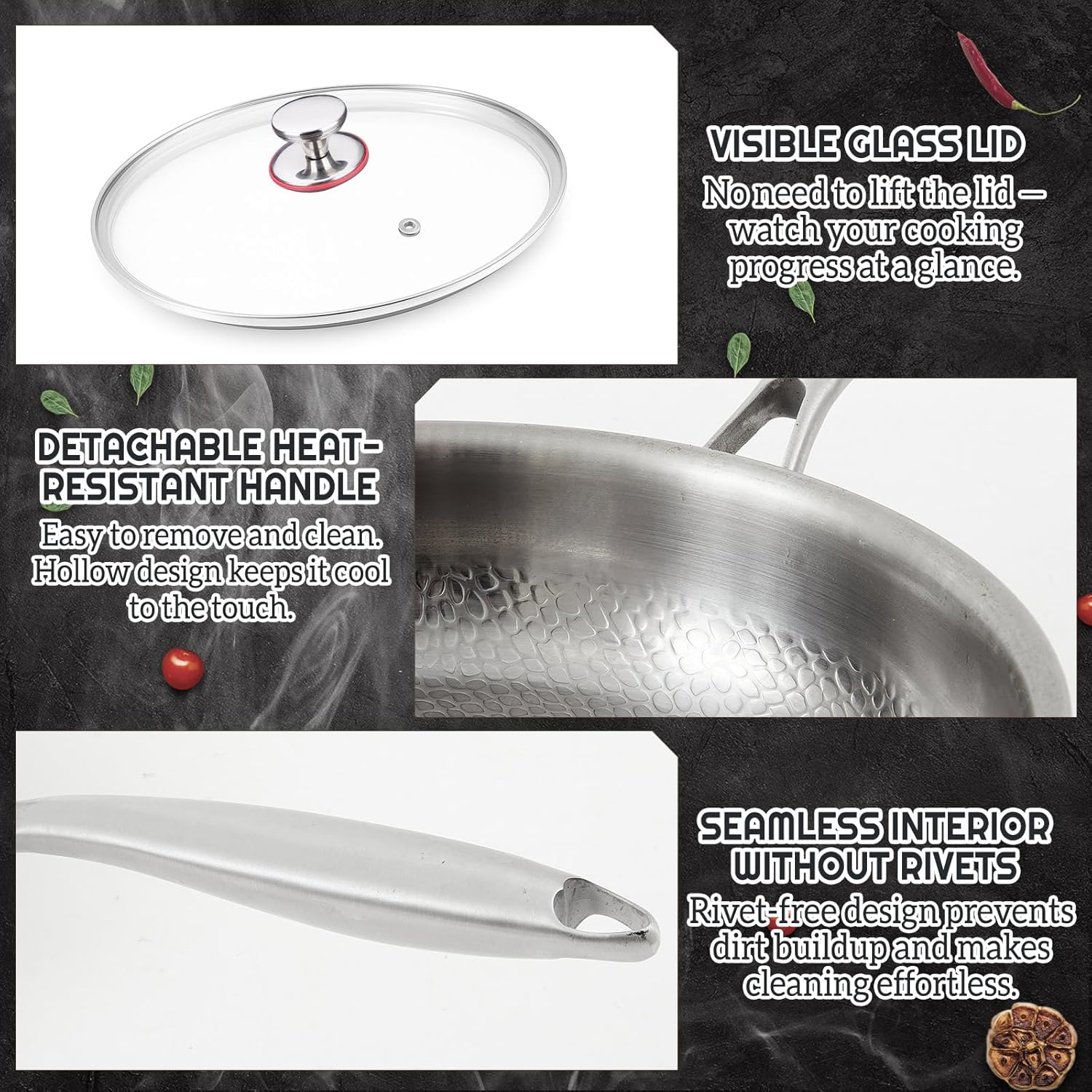 Lemonroad 2 Pcs 10.24" 11.81" Titanium Pan Set, Hammered Titanium Pan with Lid for Cooking Durable Scratch Resistant, Safe for Oven Induction