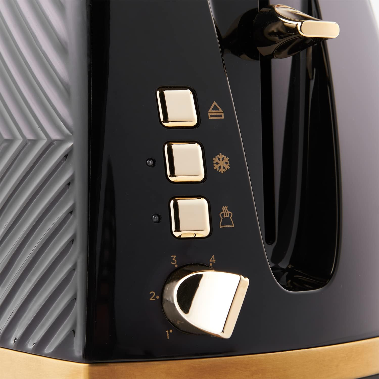 Russell Hobbs Groove 2 Slice Toaster (High Lift, Extra Wide Slots, 6 Browning Levels, Frozen/Cancel/Reheat Function - Illuminated Buttons, Removable Crumb Tray, 850W, Black, Brushed Gold Accents)26390 image number 4