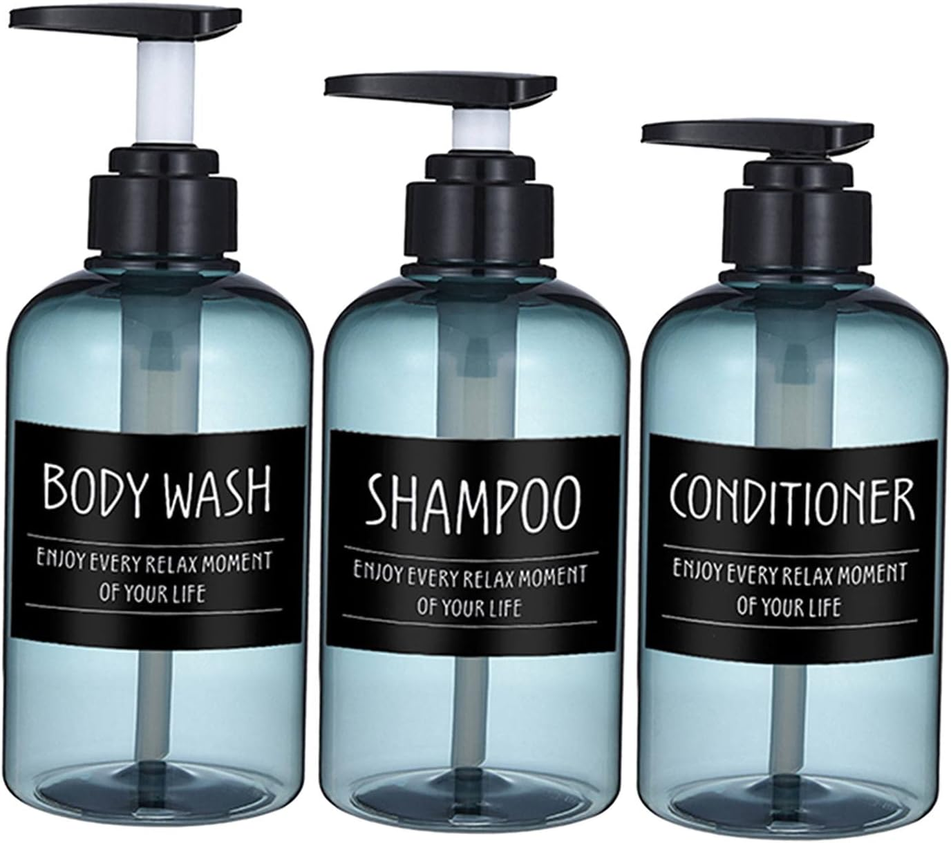 Yuksok 300/500Ml 3 Pack Empty Shampoo Bottles Soap Pump Refillable Body Wash Shampoo and Conditioner Bottles Blue Plastic Pump Bottle Dispenser and Label, Blue-500Ml