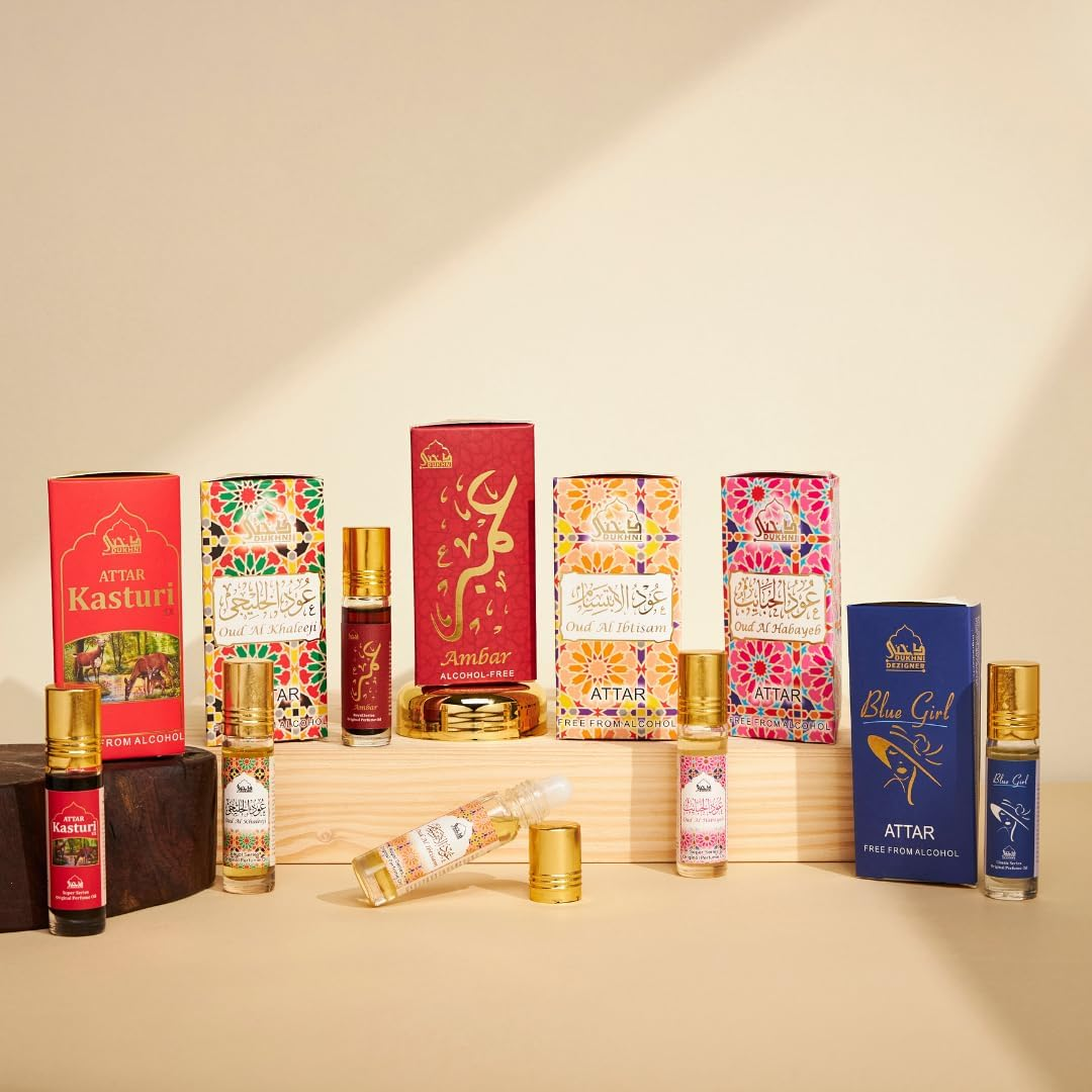 Dukhni Premiere Attar Oil Set | العطار العربي | Authentic Arabic Fragrance Oils | 100% Halal Blends, Ramadan Eid Gifting | Oud Ibtisam, Oud Khaleeji, Oud Habayeb, Kasturi XX, Ambar, Blue Girl -6Ml Each image number 6