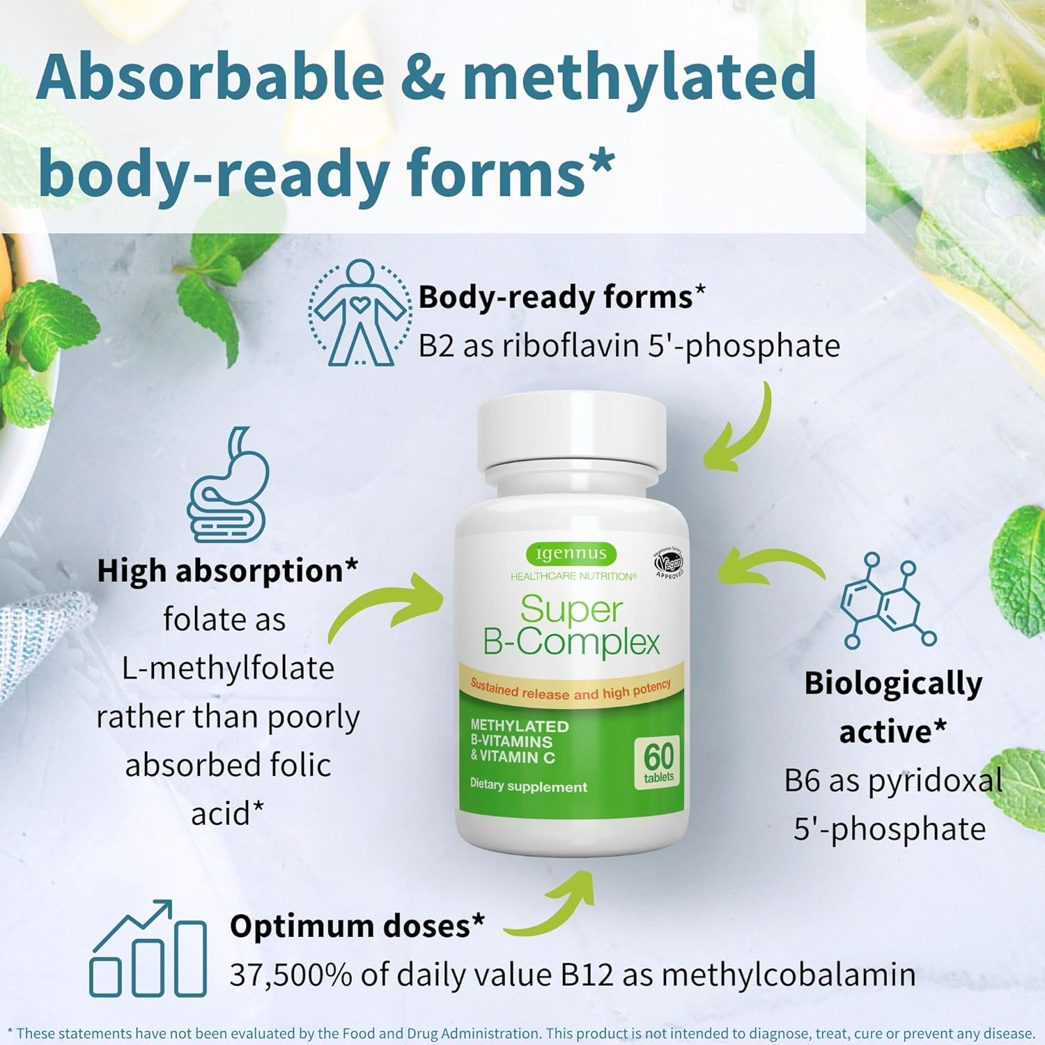 Super B-Complex &ndash; Methylated Sustained Release B Complex & Vitamin C, Folate & Methylcobalamin, Vegan, 180 Small Tablets image number 3