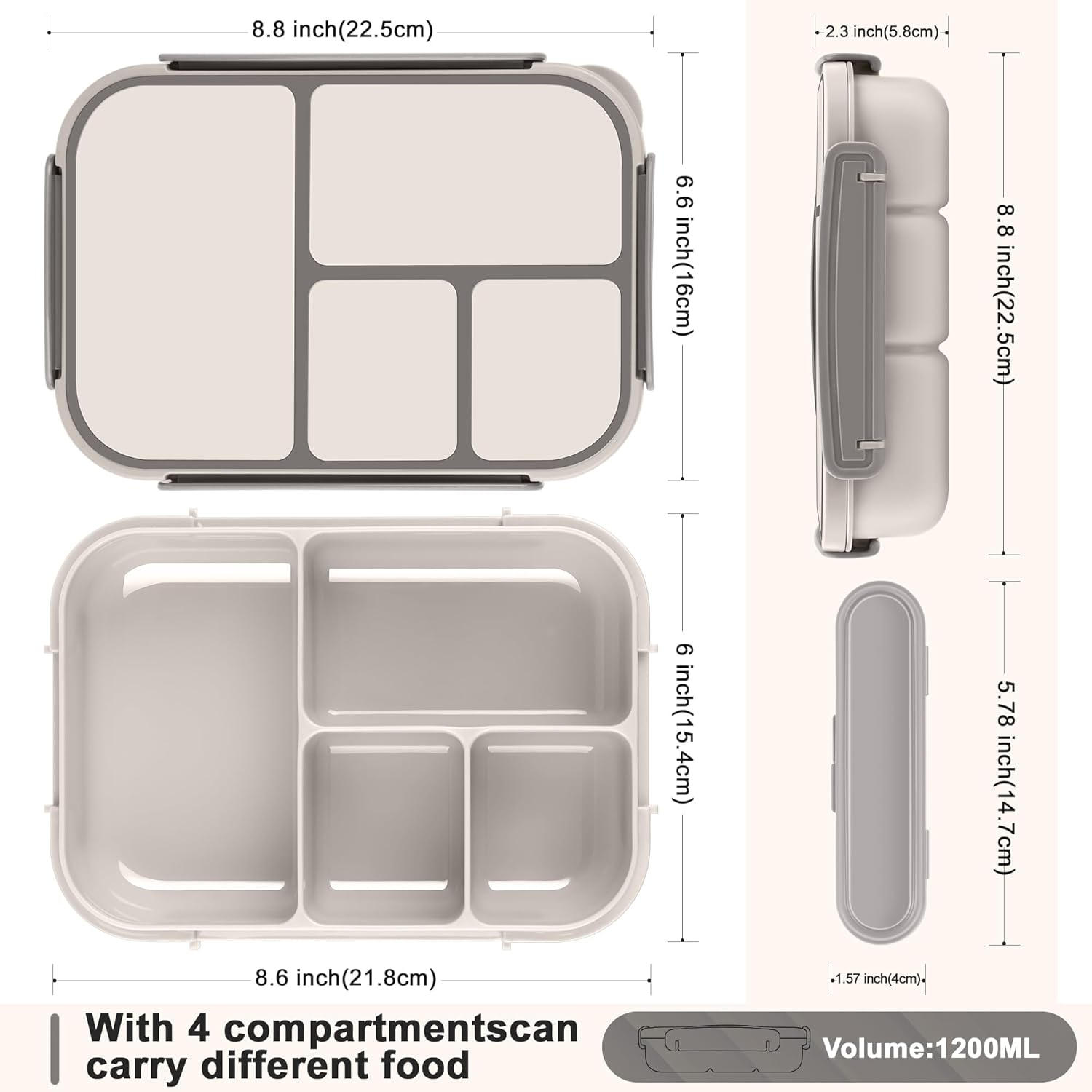 Lunch Box Kids,Bento Box Adult,Leakproof Lunch Containers for Adults/Kids/Toddler,1200Ml-4 Compartments Bento Lunch Box with Utensil,Microwave & Dishwasher & Freezer Safe (White) image number 3