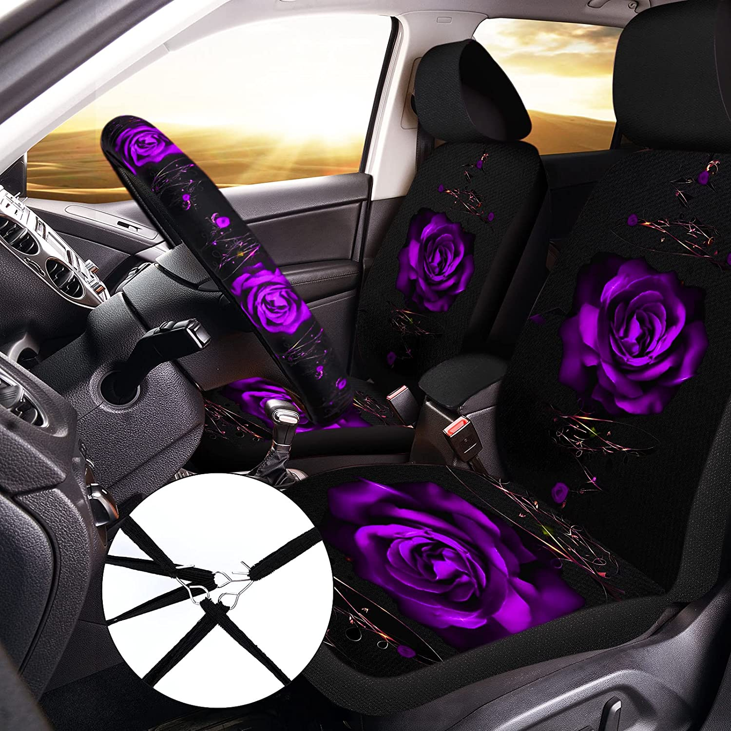 15 Pcs Rose Art Flower Car Seat Covers Full Set for Women Rubber Steering Wheel Cover Armrest Cover Seatbelt Covers Polyester Fabric Front Seat Rear Backrest Cover Bottom Cover Universal (Purple) image number 1