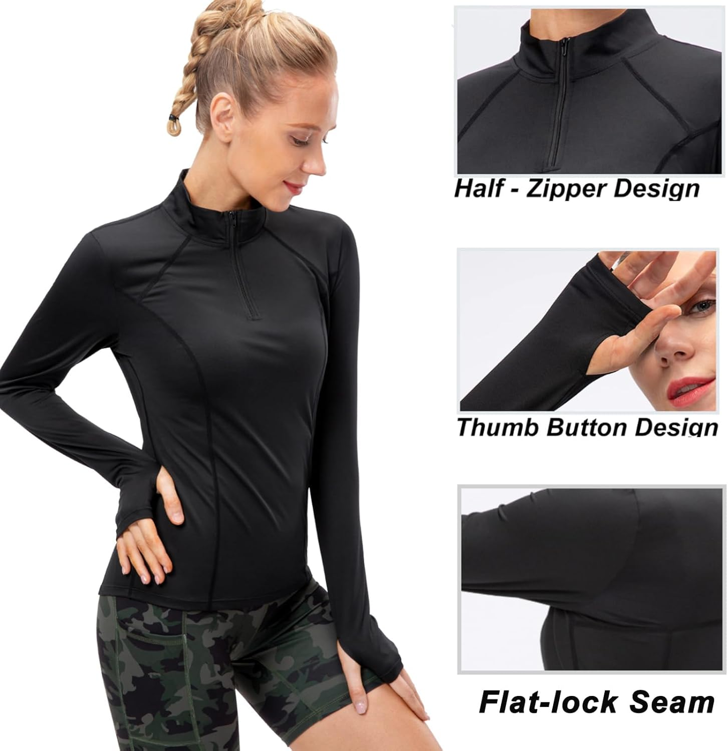 Womens Long Sleeve Running Workout Top 1/4 Zip Pullover Sports Shirts Quick Dry Gym Athletic Shirt with Thumb Hole image number 7