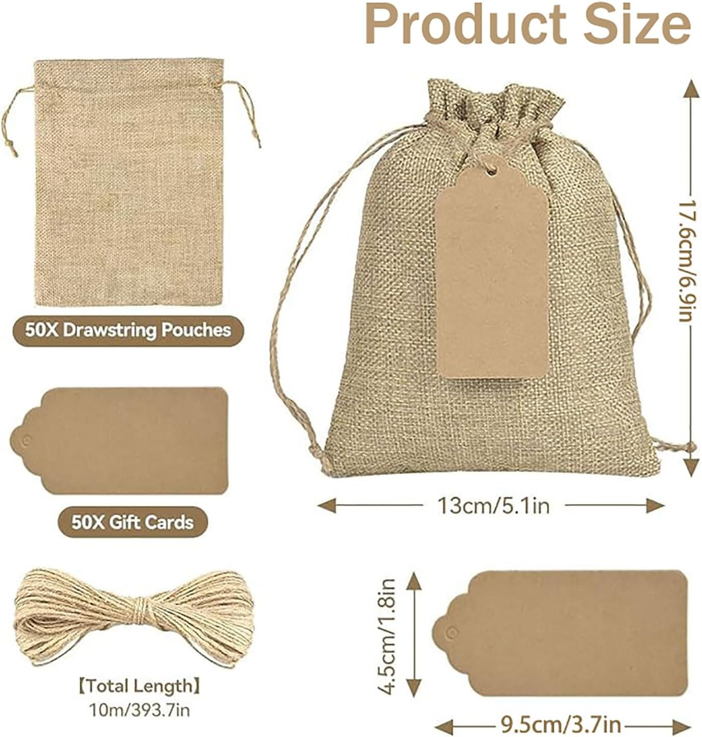 Yqkangzhu 50PCS Burlap Gift Bags with Drawstring, 5"X7"Reusable Hessian Linen Sacks Bag, Favor Sacks with Gift Tags & String, Jewelry Pouches for Birthday Party Present Wedding Art DIY Craft Christmas image number 3