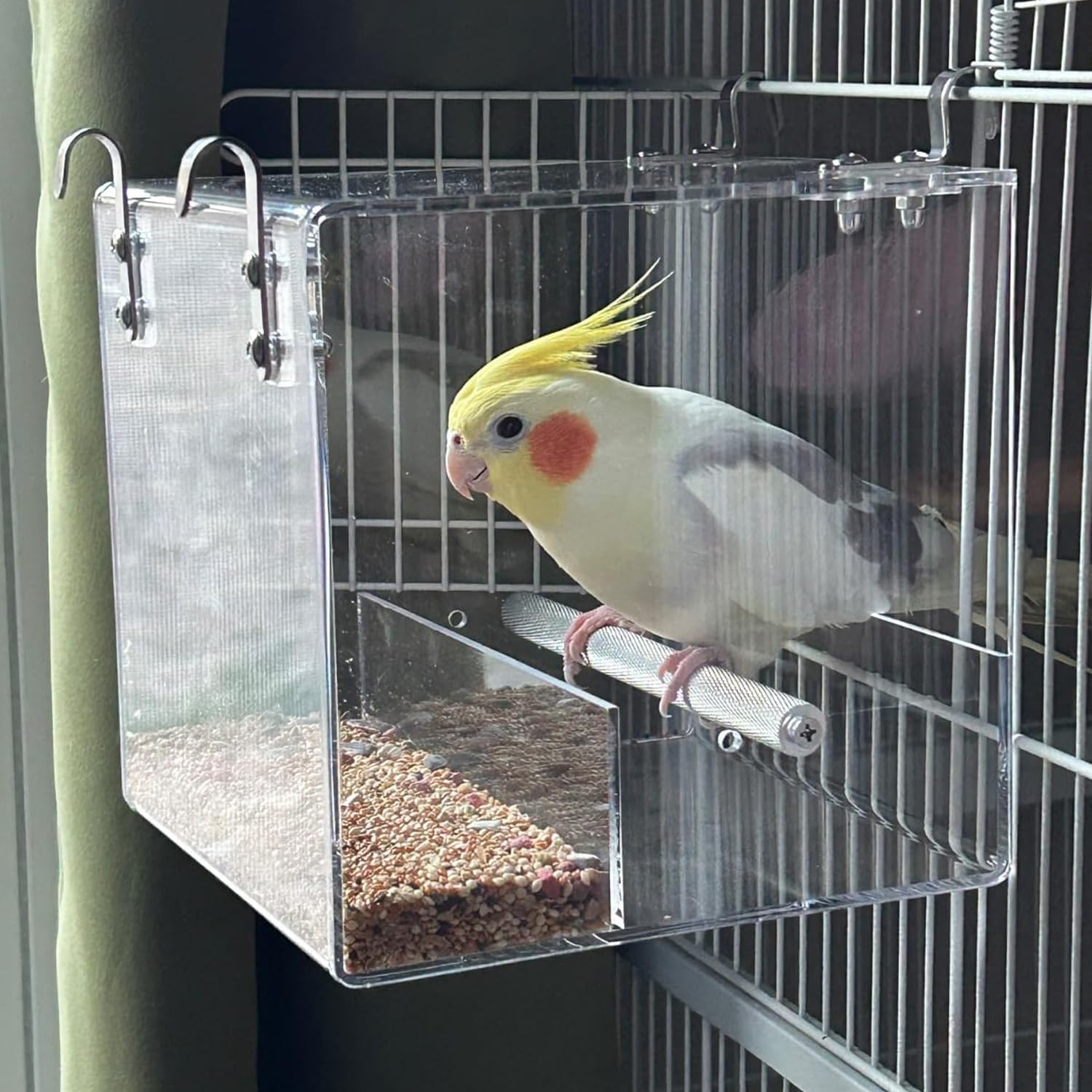 Acrylic Bird Feeder for Small Parrots - Anti-Spill Cage Mounted Bowl with Clear View, Dual Hooks - Fits Parakeets, Lovebirds, Quakers (13&times;13&times;11Cm)