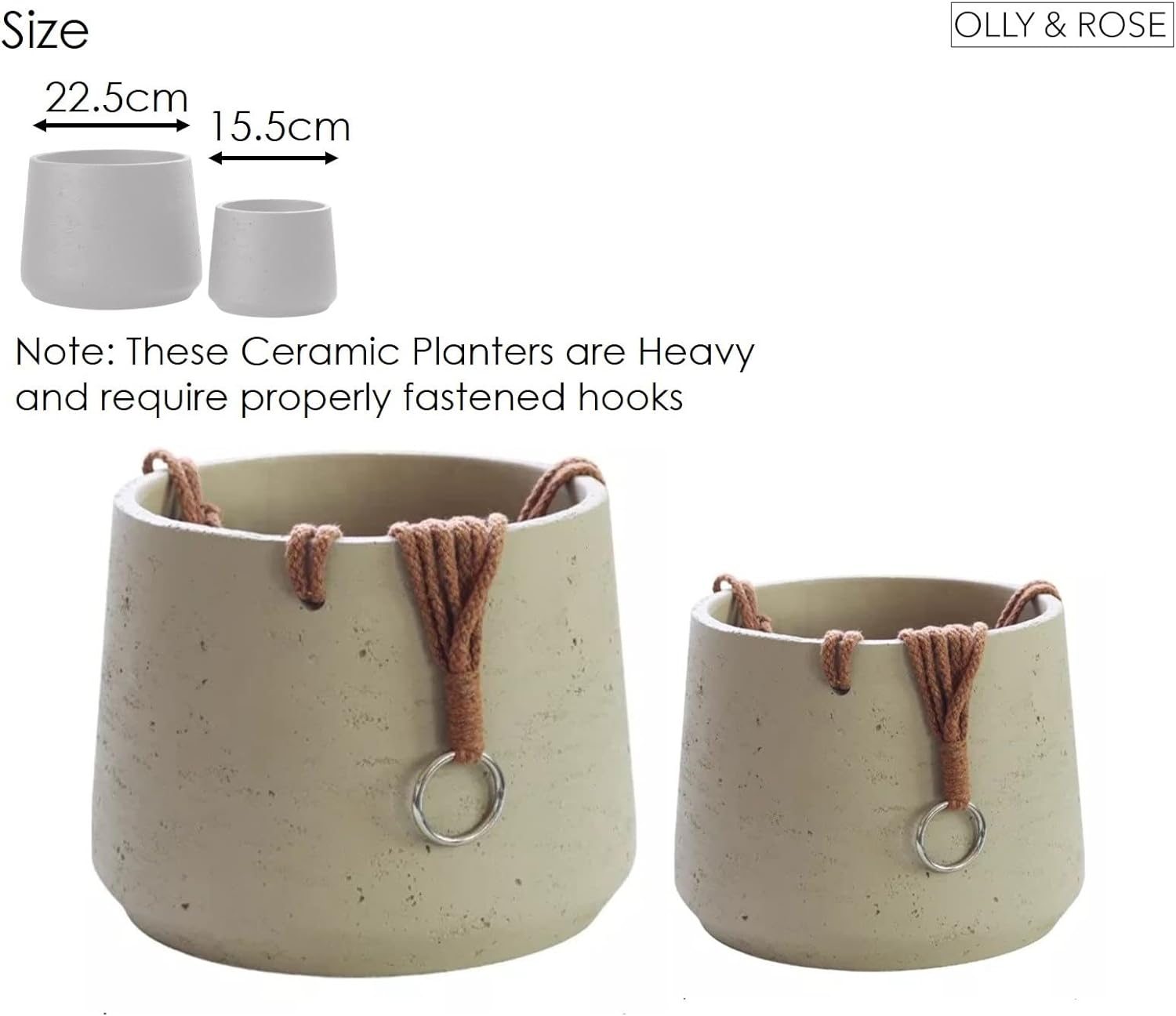 Copenhagen off White Ceramic Hanging Plant Pot Set of 2 - Includes Hanging Rope - Ceramic Cement Hanging Planters for Indoor & Outdoors - Textured Effect - Large & Medium Plant Pots&hellip;
