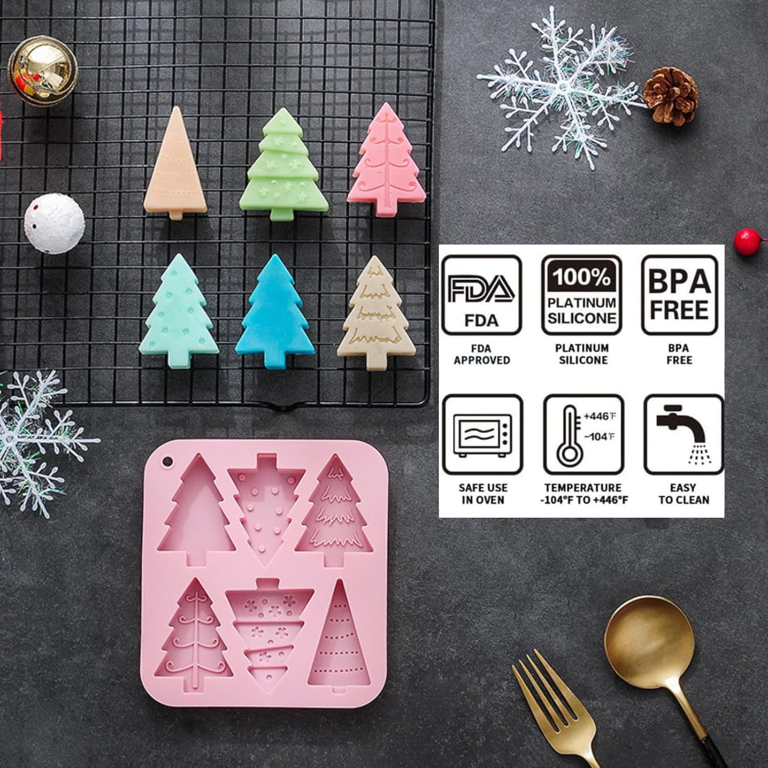 Christmas Tree Silicone Mold, 1 X Christmas Tree Chocolate Mould Baking Mould Soap Melt Candy Cake Jelly Baking Molds for Christmas Decoration Family Party DIY image number 1