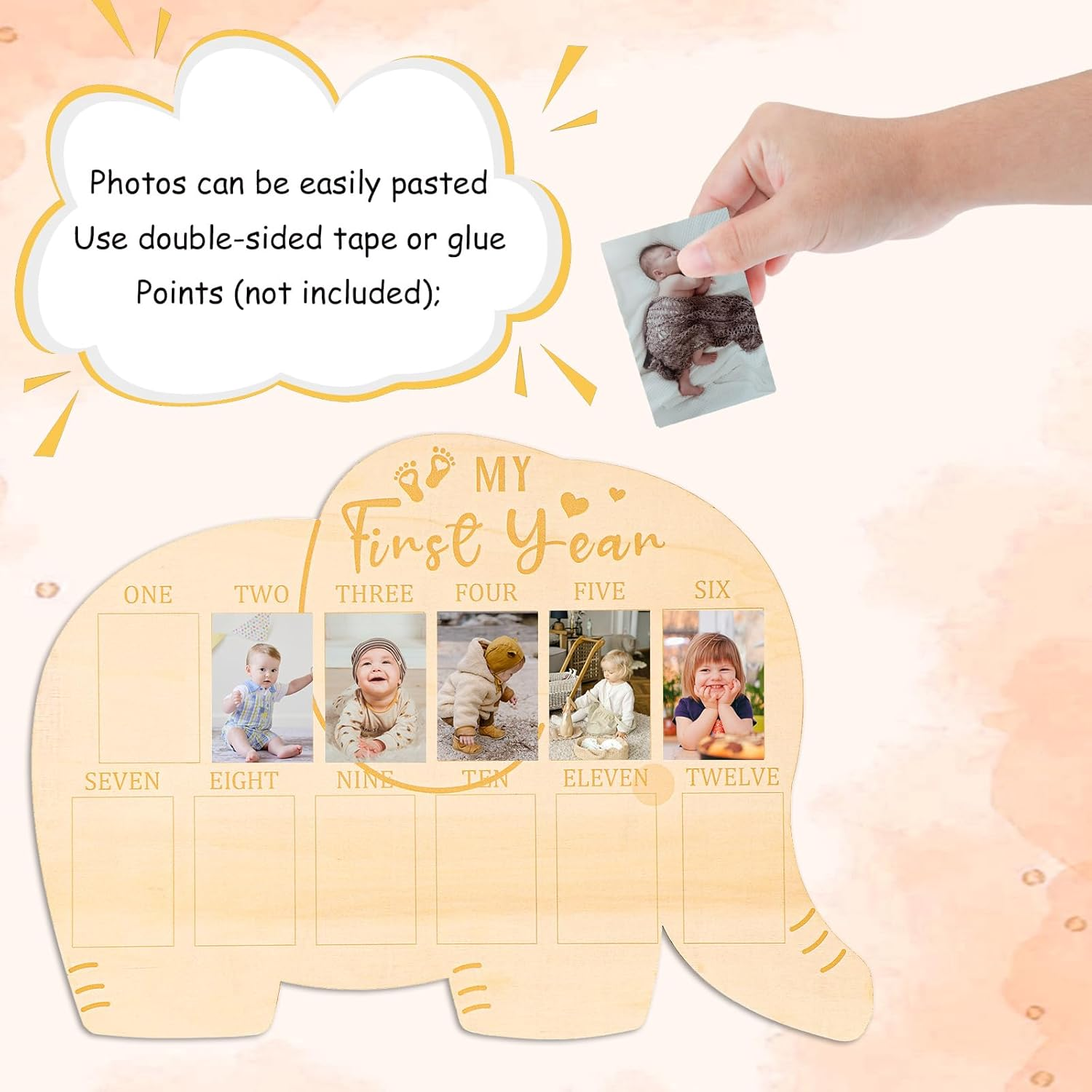 My First Year Photo Frame, Wooden 1St Birthday Picture Board 12 Months Baby Photo Display Elephant Shape Nursery Decoration Boys Girls Newborn Baby Mom Memories image number 6