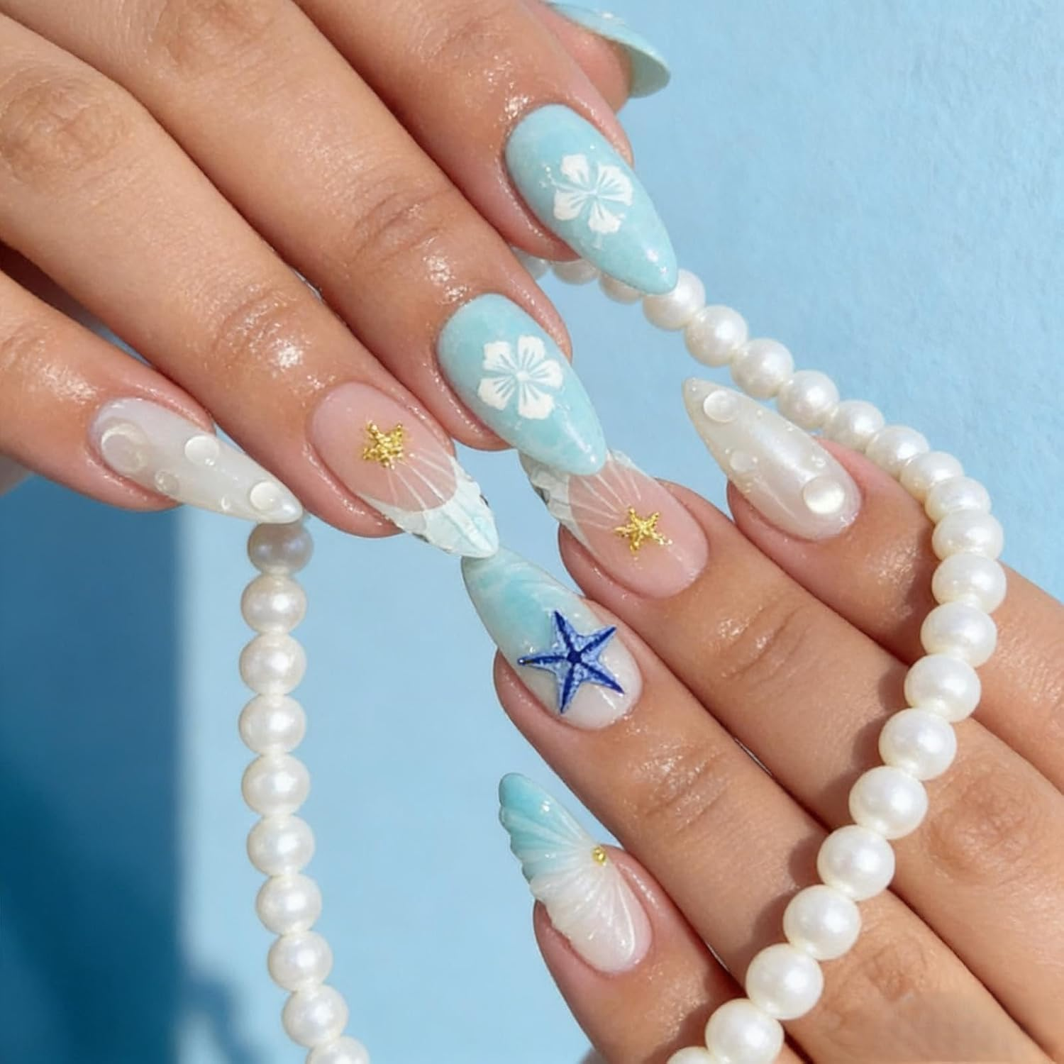 24Pcs 3D Mermaid Press on Nails | Blue Ocean Starfish & Shell Design | Medium Almond False Nails 12 Sizes + Nail File + Jelly Glue | Fake Nails for Women Girls image number 5