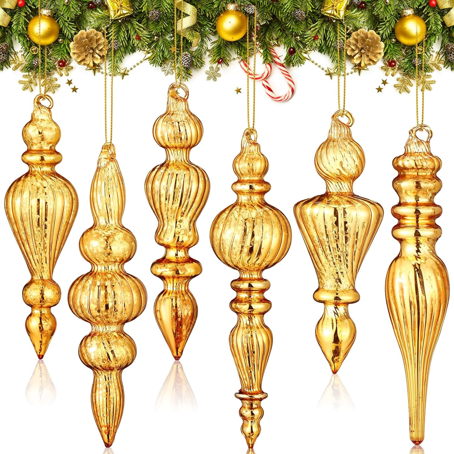 Soaoo 6 Pcs 6.3 Inch Mercury Glass Finial Christmas Ornaments Hanging Christmas Finials Glass Ornaments Assorted Mercury Decor for Xmas Tree Vintage Holiday Decoration(Red, Green,Novel)