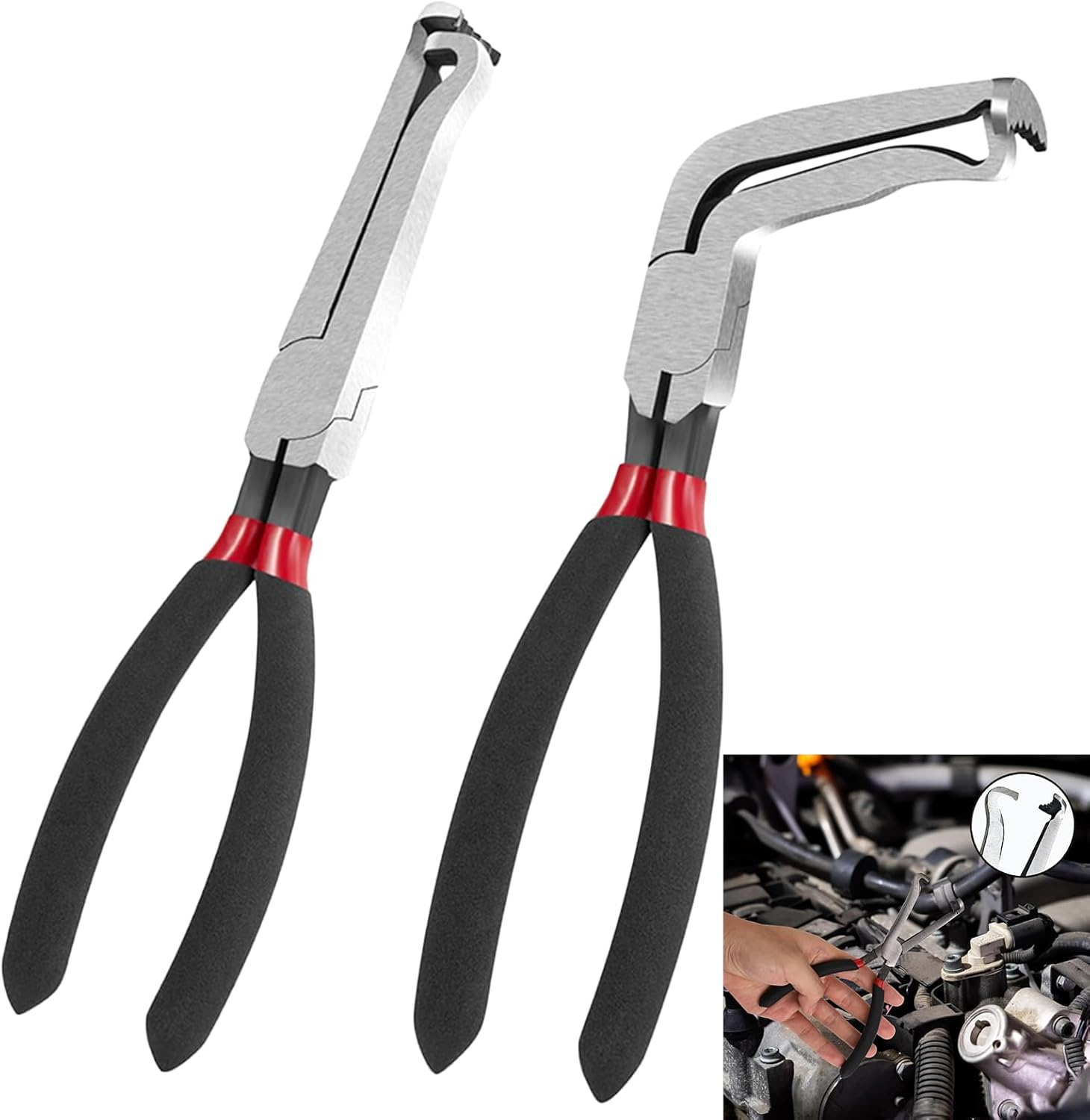 Automotive Electrical Disconnect Pliers 2-Piece Set Carbon Steel Fuel Line Removal Tool for Ignition Coils MAF Sensors, Professional Car Wiring Clip Pliers for Mechanics, Silver Black image number 1