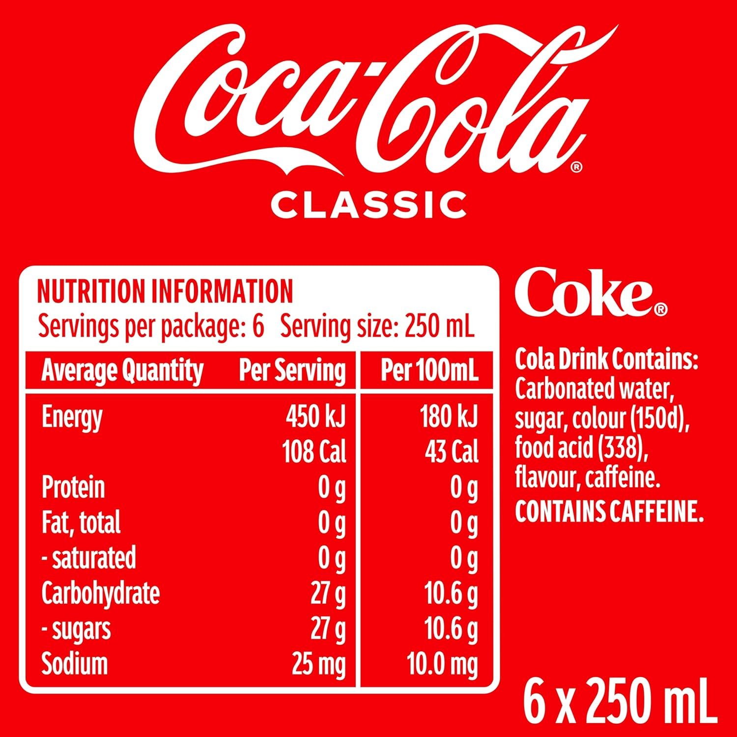 Coca-Cola Classic Soft Drink Mini Can Multipack 6 X 250 Ml (Packaging May Vary) image number 3