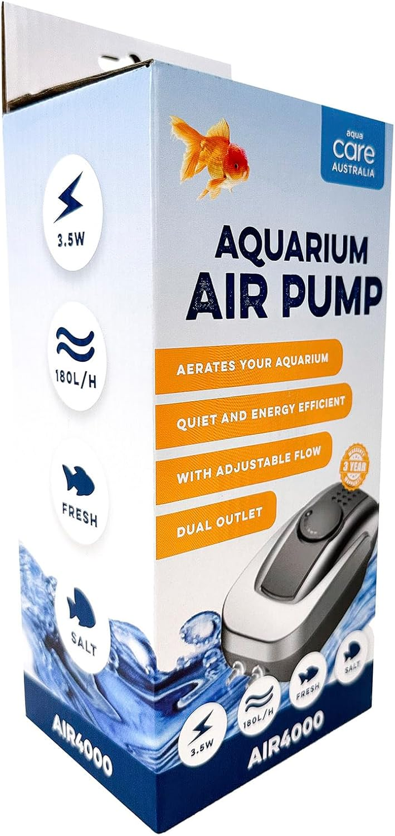 Aqua Care Aquarium Air Pump AIR4000 - Adjustable Flow, Suitable for Salt and Freshwater Fish Tanks, Quiet Operation, Flow Rate: 180L/H, 3-Year Warranty, Powerful Aquarium Air Bubbler, Grey image number 6