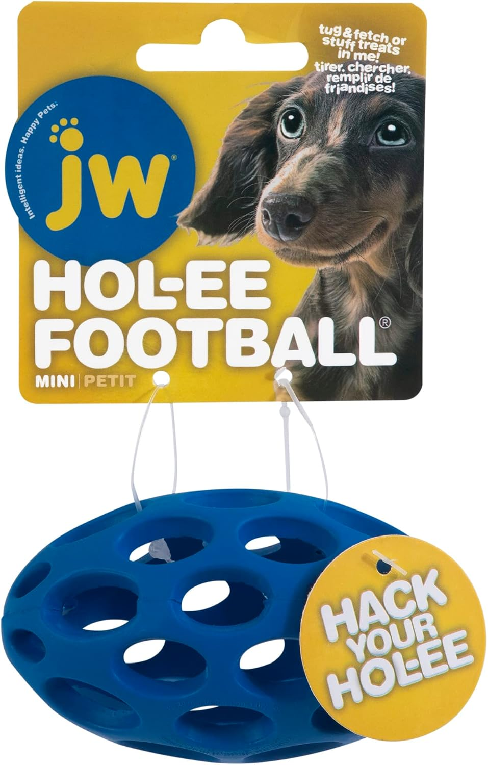 JW Pet Hol-Ee Football Dog Toy Puzzle Ball, Natural Rubber, Mini (5.25 Inch Length), Colors May Vary image number 1
