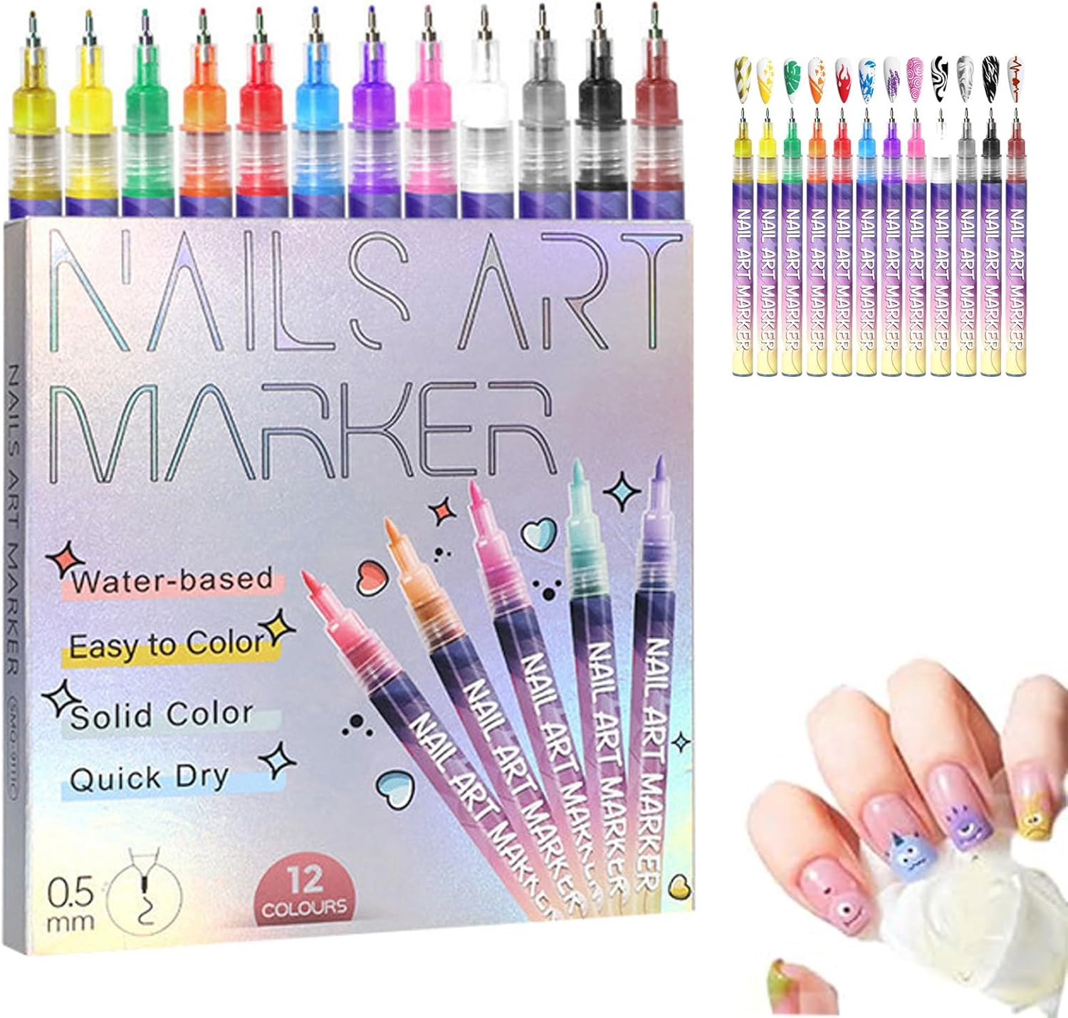 12 Colors Nail Art Pens Set, Nail Art Markers for Gel Nails, Diy Nails Arts Marker, 3Dnail Polish Pens for Arts Drawing, Painting Point Dotting, Manicure Tools (1PCS)