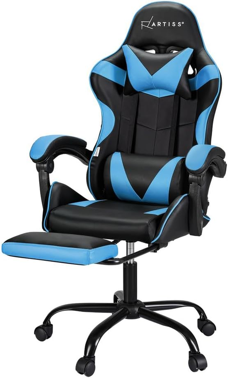 Artiss Massage Gaming Chair, PU Leather 2 Point Ergonomic Office Computer Desk Recliner Chairs Armchair for Room Executive Home, with Retracted Padded Footrest 360&deg; Rotatable Height Adjustment Blue - Blue image number 2