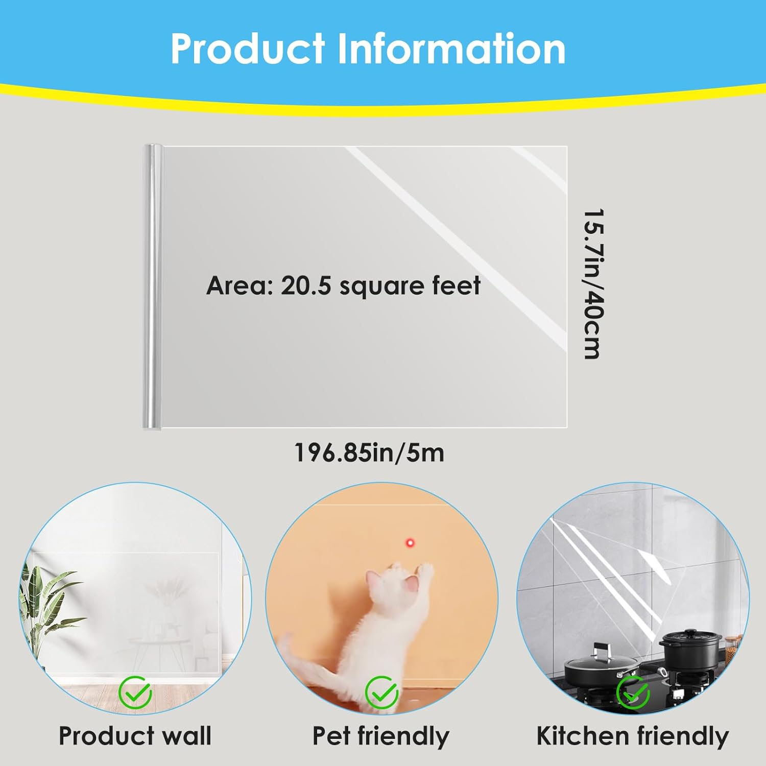 Electrostatic Wall Protective Film, Clear Wall Protector Film, Self-Adhesive Contact Paper, Removable Transparent Static Cling Films for Kitchen Backsplash, Walls (15.75" X 196") image number 3