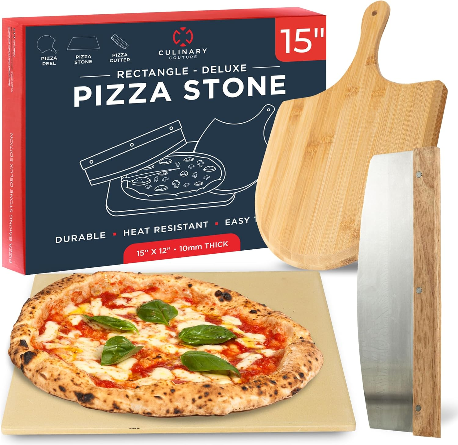 Culinary Couture Rectangular Cordierite Pizza Stone - 15X12 Inches - Beige - 3PCS Set with Wooden Peel - Baking Stone for Pizzas & Bread image number 1
