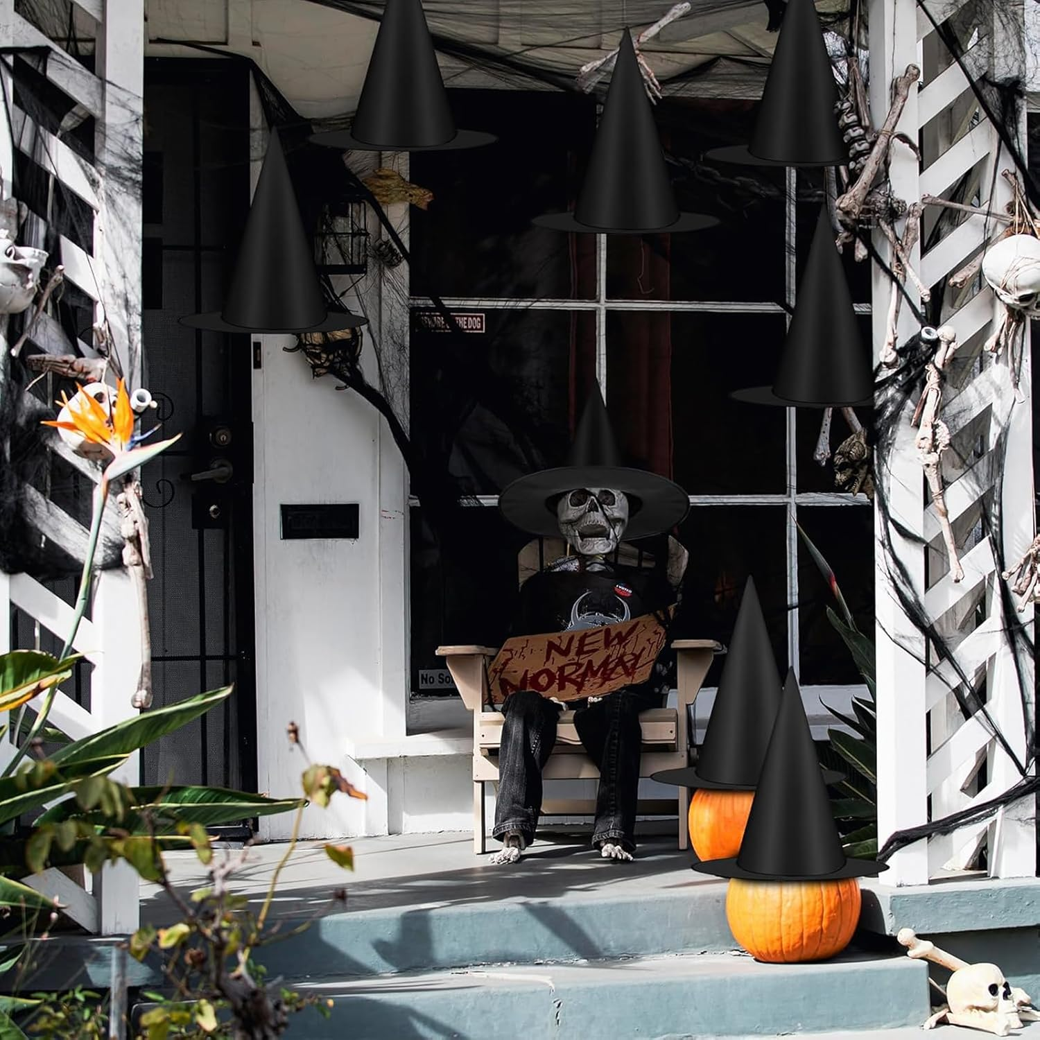 Weidllys 12 PCS Halloween Witch Hats, Black Hanging Witch Hat, Witch Costume Accessories Witches Hat with 328 FT Nylon Cord Wizard Hats Indoor Outdoor Halloween Decorations for Home Yard Porch Ceiling image number 1