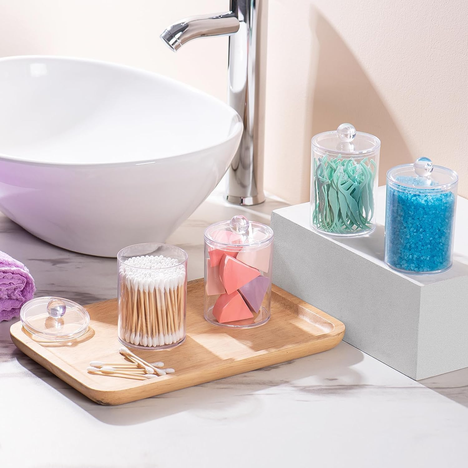 3 Pack Qtip Holder,Apothecary Jars Cotton Ball Holder Dispenser,Bathroom Jars with Lids Set for Cotton round Swab,10Oz Clear Plastic Canisters Restroom Bedroom Vanity Organizer image number 4