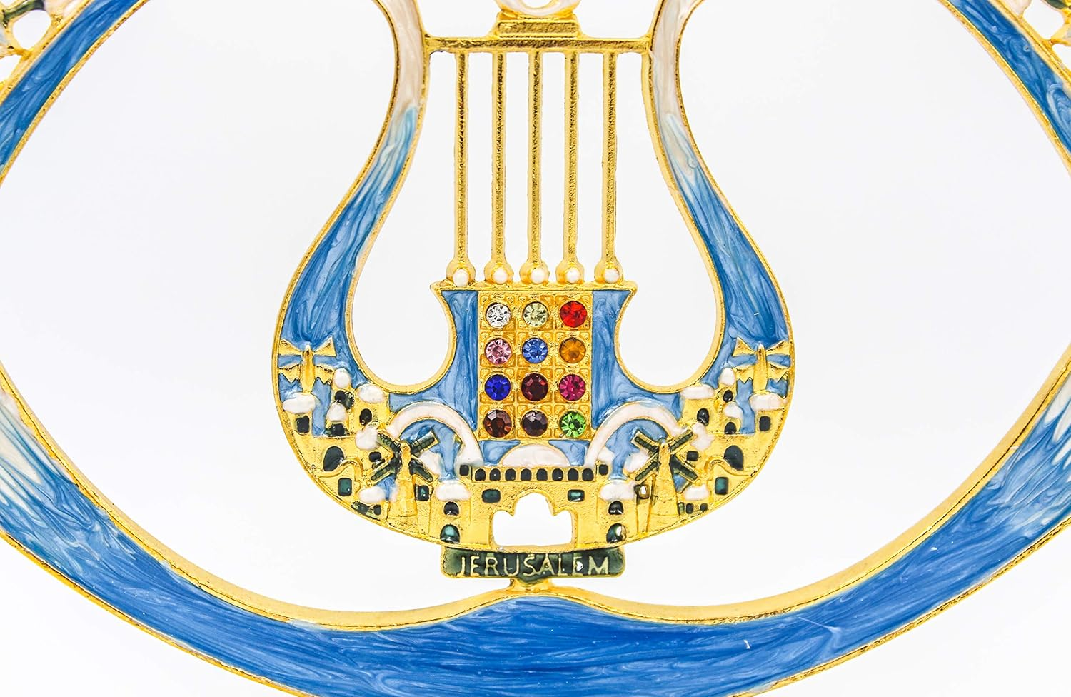 The Dreidel Company Menorah - Jeweled 8&rdquo; - Artistic Jeweled Menorah - Mosaic Blues and Gold Plating - Jeweled Hanukkah Menorah with Harp of King David and Hoshen image number 2