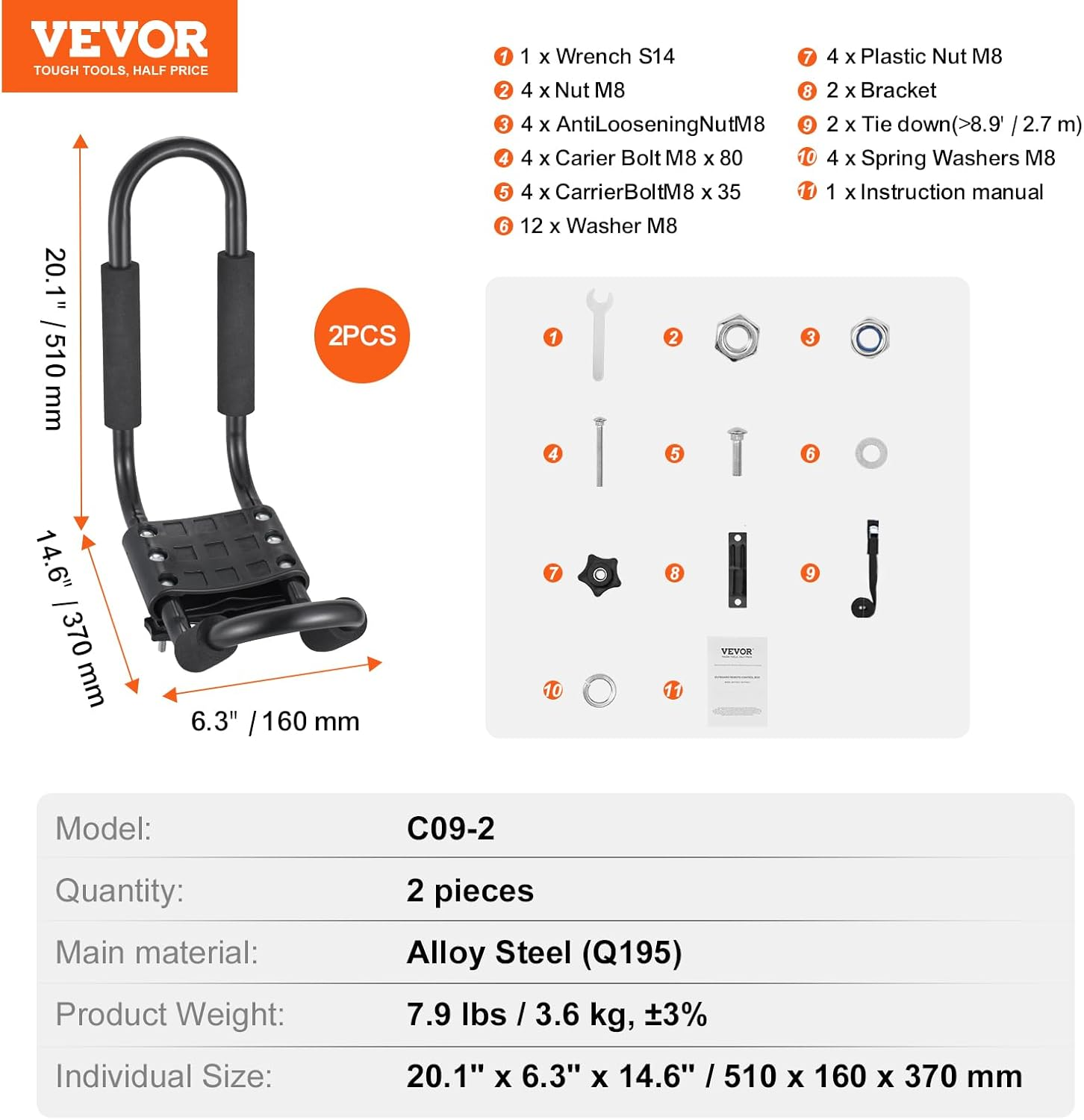 VEVOR Kayak Roof Rack 1 Pair J-Bar, Soft Roof Rack, Top Mount Tie Down, Carrier for Kayak, Surf Board, Canoe, SUP, Ski Board, Mount on Car, SUV, Truck, 1 Kayak image number 5