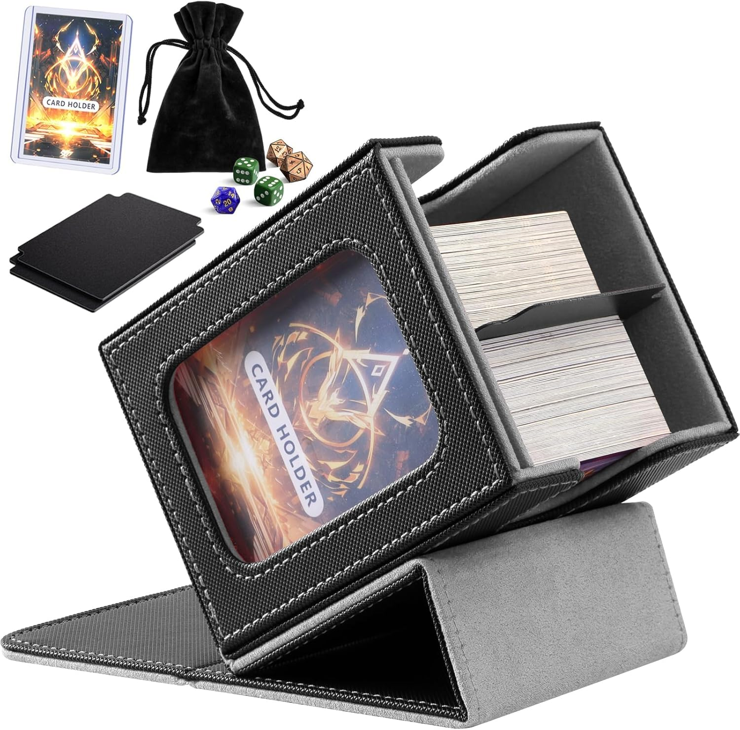 Card Deck Box with Commander Display, Storage Box Holds 100+ Double Sleeved Cards, Game & Sports Case with 2 Dividers, 1 Top Loader and 1 Dice Bag (Red)