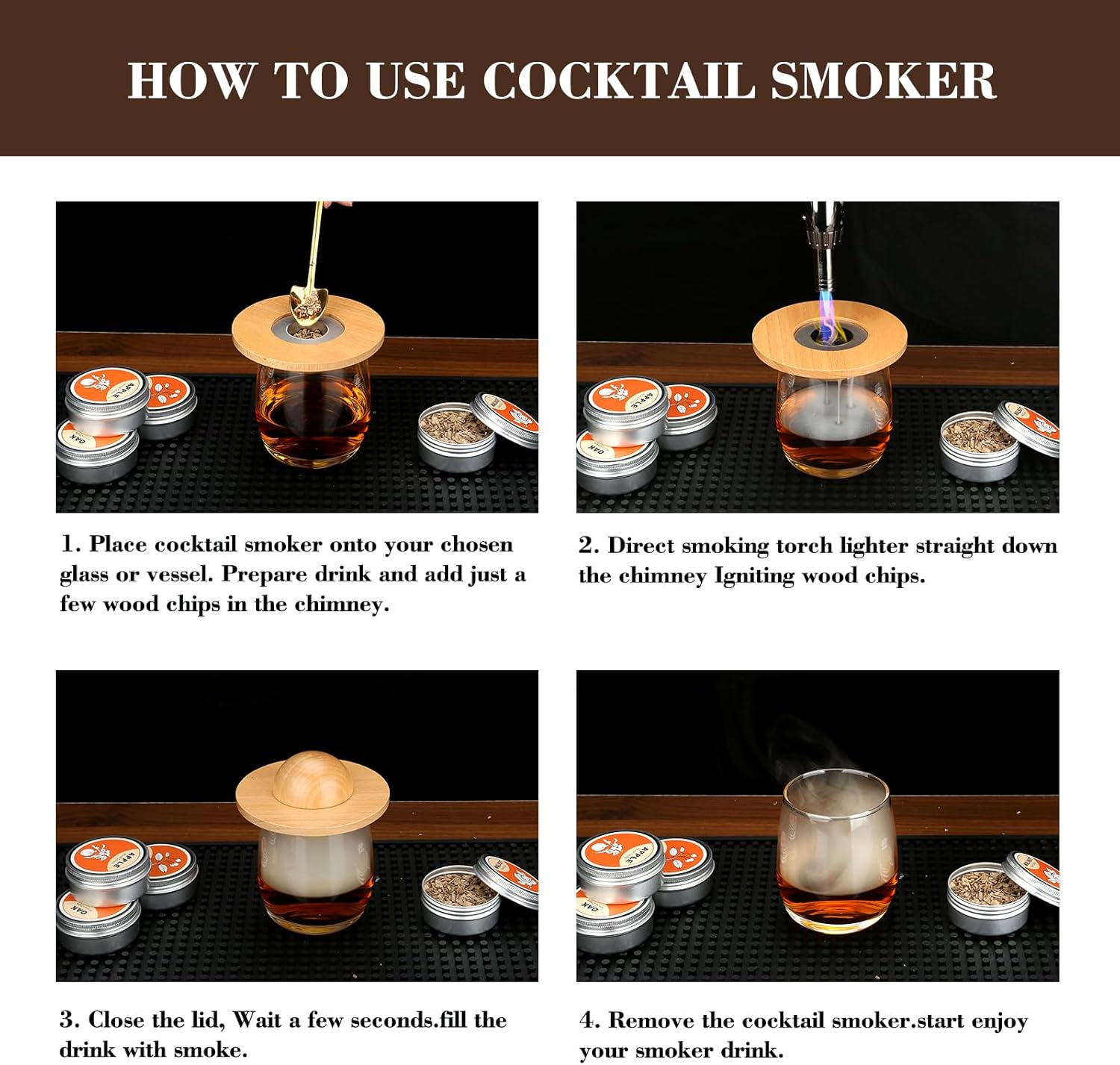 Cocktail Smoker Kit with 4 Wood Chips, Old Fashioned Whiskey Smoker Drinks Kit, Whisky Smoker for Cocktails, Wine, Whiskey, Bourbon, Husband, Dad image number 5