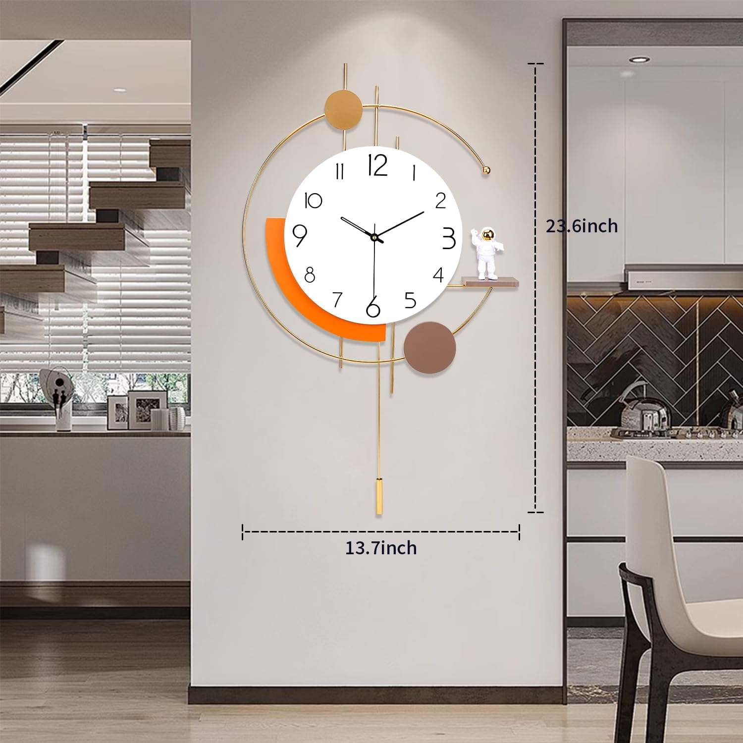 Large Wall Clock Decor Modern Decorative Clock Non Ticking Pendulum Wall Clocks for Bedroom Office Kitchen Silent Big Wall Clock with 1 Ornaments Wall Decor for Home 13.7 * 23.6 Inch Golden