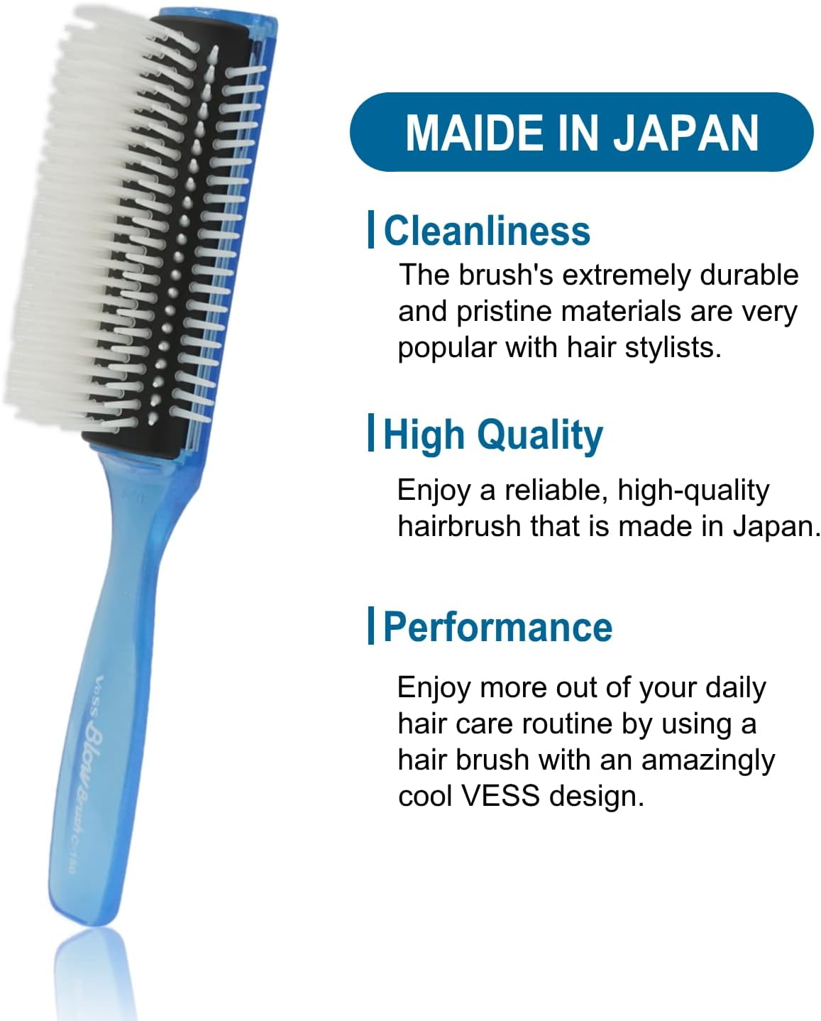 VESS Blow and Styling Hair Brush, Wide 9 Row round Type- Light Weight -Made in Japan-C-150 (Flash Blue) image number 2