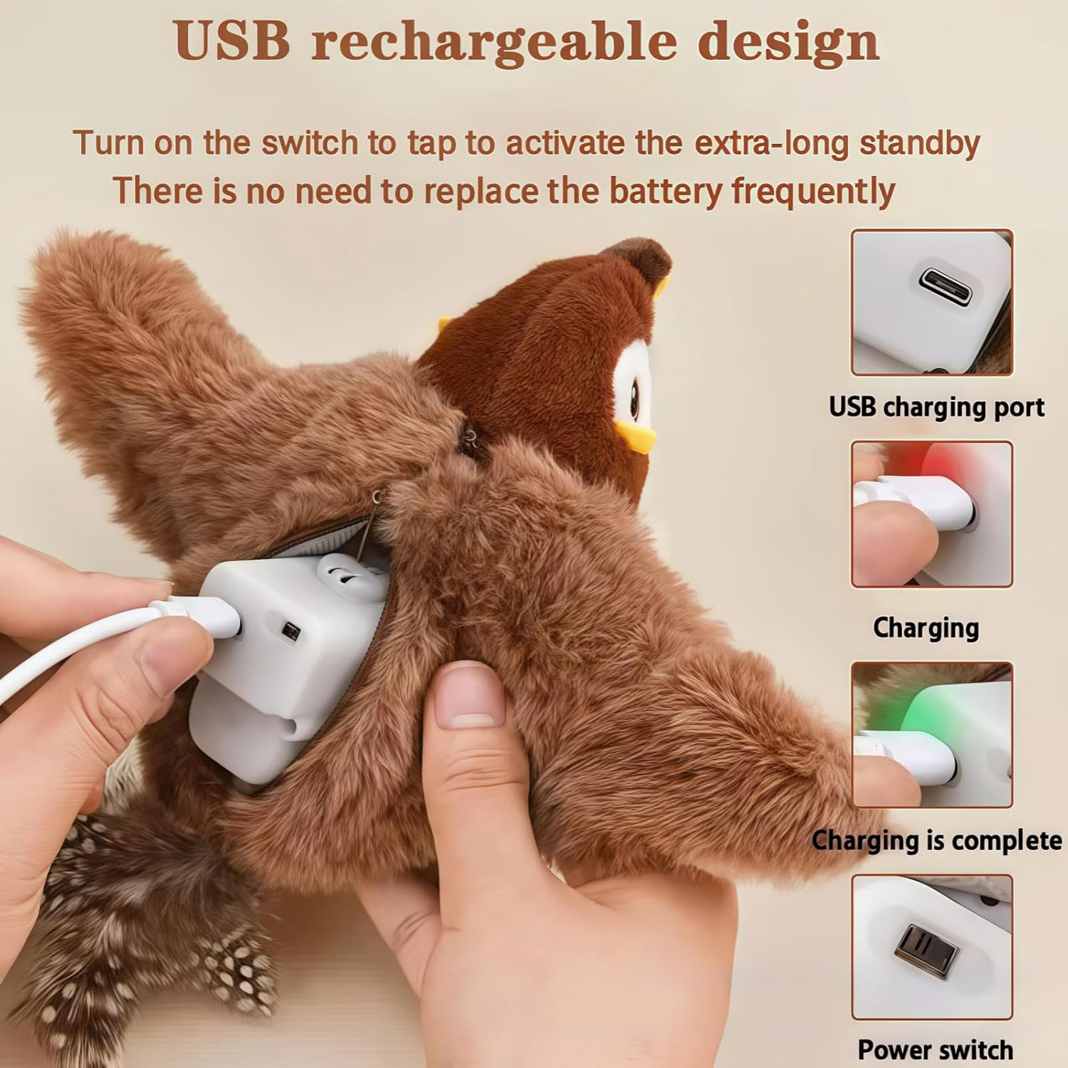 Interactive Cat Toys Flapping Bird,Plush Flying Bird Toy for Indoor Cats,Plush Kitten Exercise Toys, Touch Activated image number 1