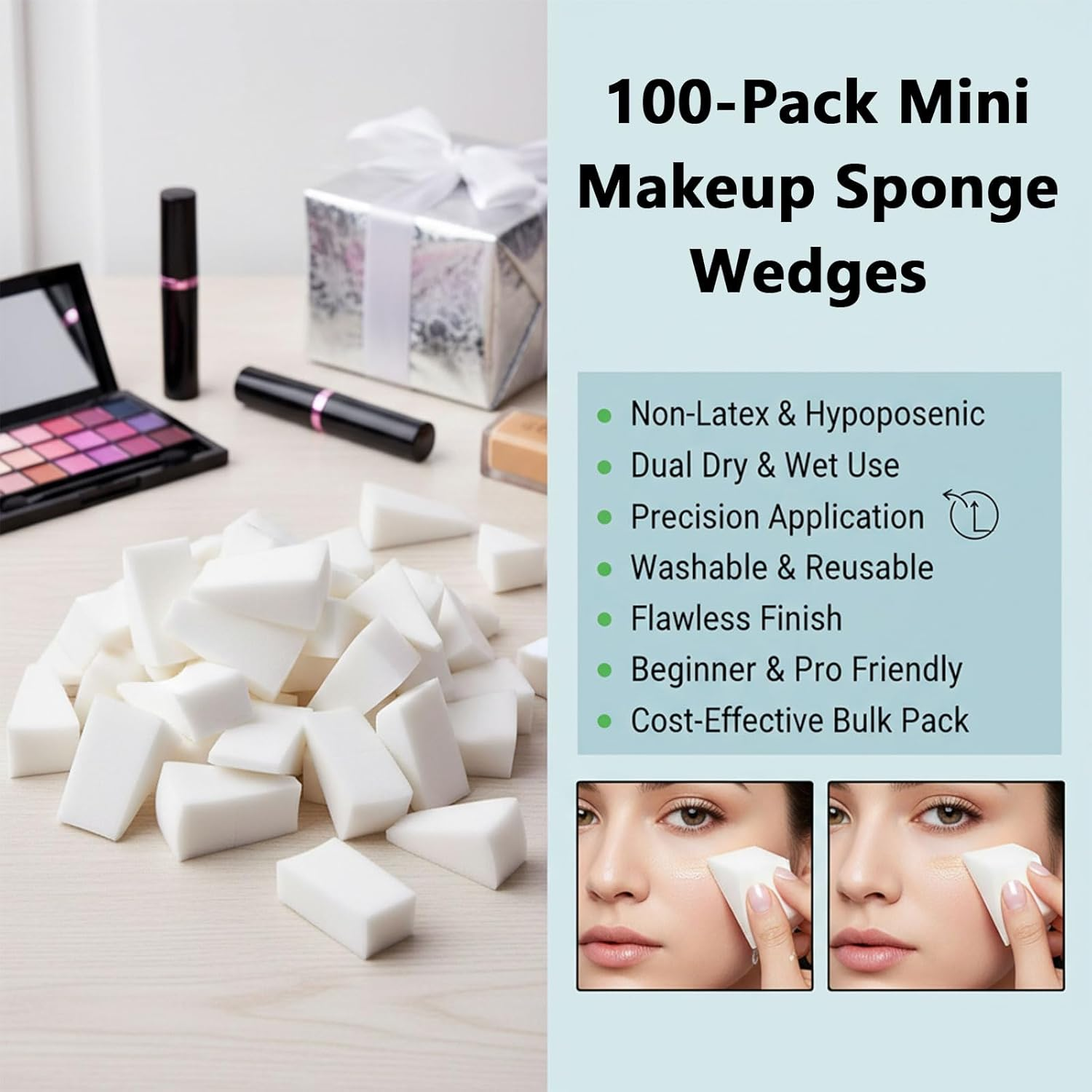 100-Pack Mini Makeup Sponges, Latex-Free Beauty Blender for Flawless Foundation, Triangular, Reusable Wedge Shape - Ruibex image number 2