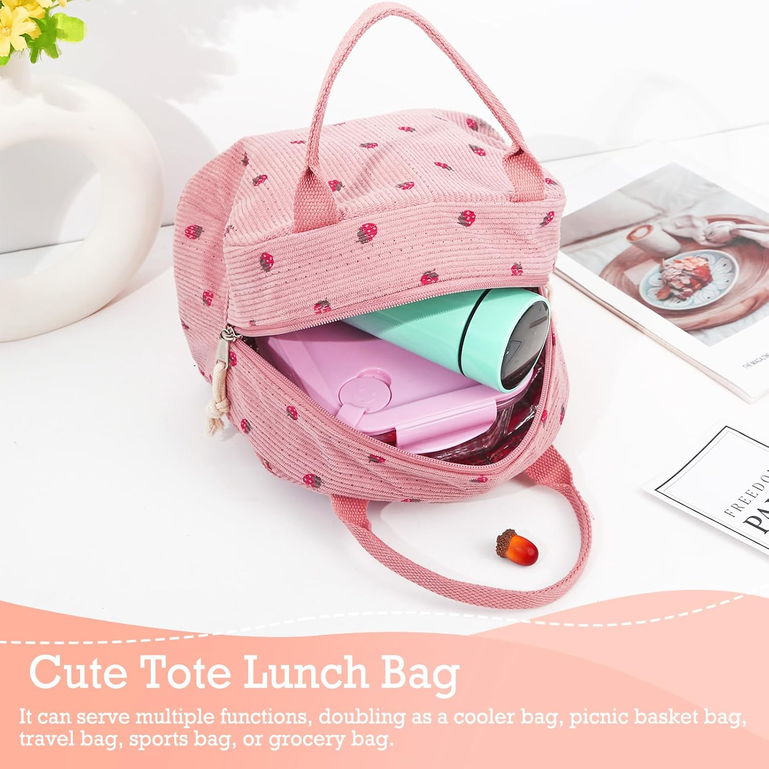 Lunch Bags for Women Insulated Cooler Lunch Bag Adults Kids Packed Lunch Box Tote Bag Cute Girls Ladies Lunch Bags for Work School Picnic Travel Pink Preppy Stuff Gifts for Teenage Girls Daughter - Beige Strawberry image number 6