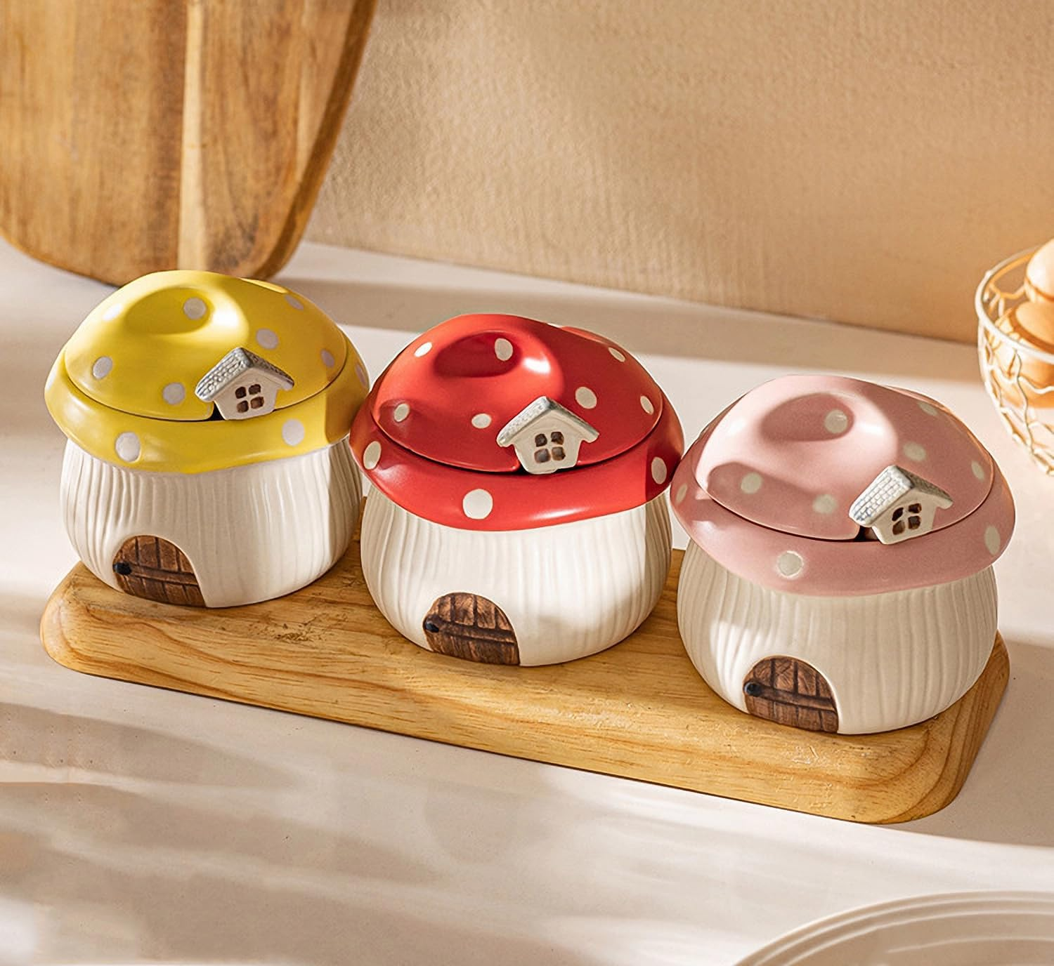 RESVUGA Ceramic Sugar Bowl with Lid & Spoon, Cute Mushroom House Design. Porcelain Seasoning Storage Jar, 14 Ounces. (Yellow)