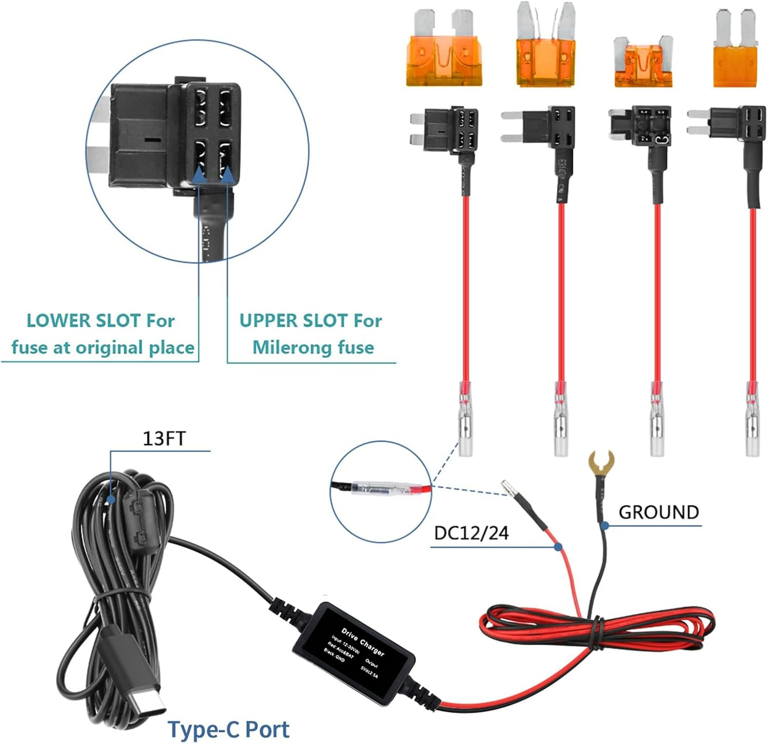 MAEZOE Upgraded Dash Cam Hardwire Kit USB C, 11.5 Type-C Hard Wire Kit for Dash Camera, USB C Hard Wire Kit Fuse12V-24V to 5V Hardwire Kit Car Camera Charger Power Cord with Low Voltage Protection image number 5