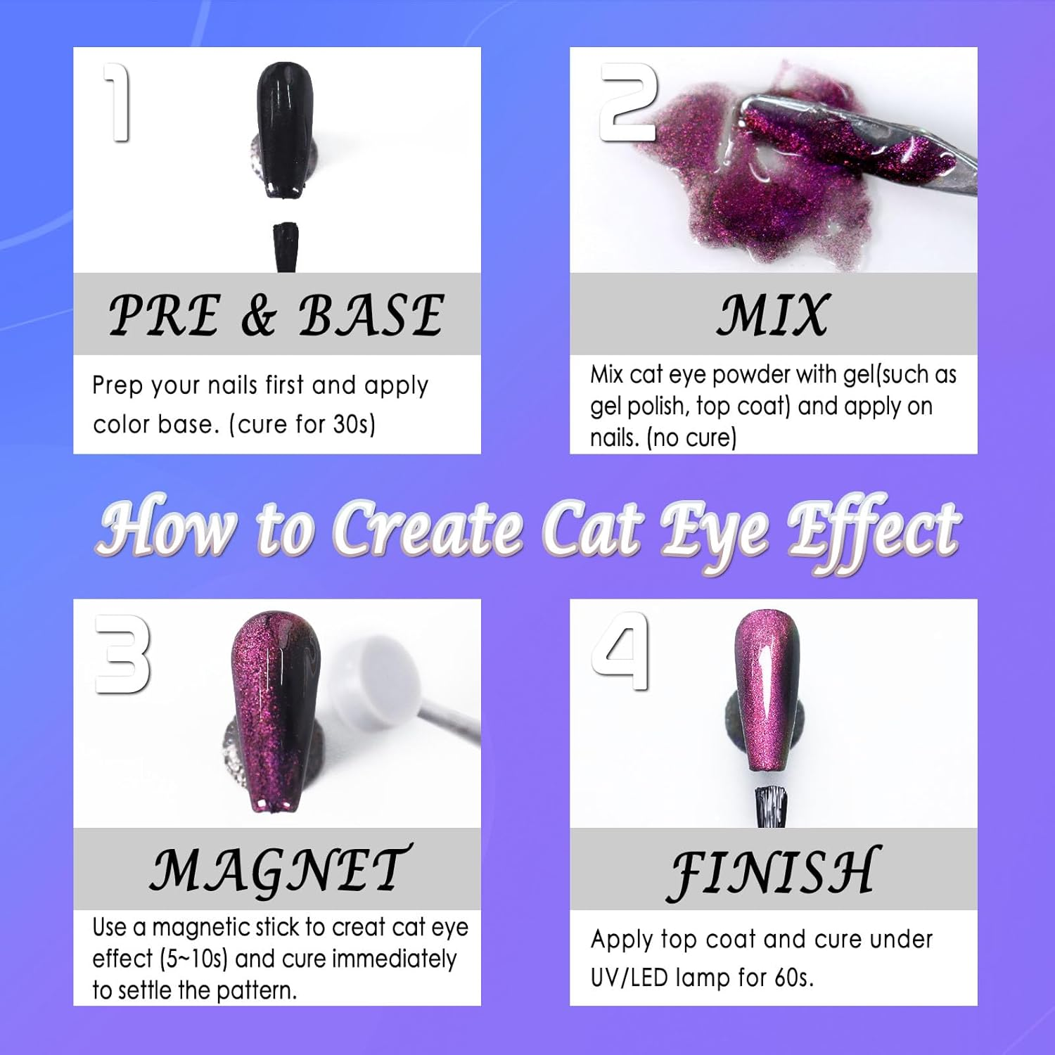 Cat'S Eye Chrome Nail, Chameleon Magnetic, 9D Cat'S Eye Mirror Effect Pigment, Magic Galaxy Holographic Effect Glitter (Including Magnetic Stick, Suitable for Velvet Nail Art (Blueish Purple)