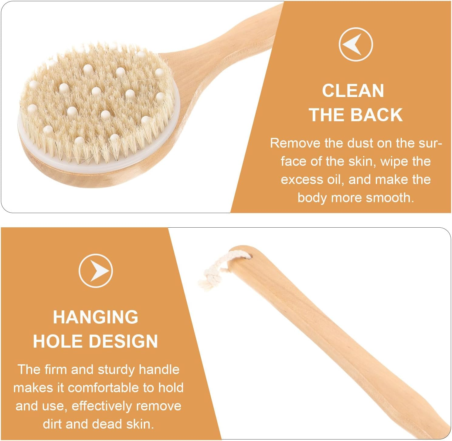 SEWACC Long Handle Boar Bristle Body Brush 41.5X11Cm for Showering and Dry Brushing, Skin Exfoliating Back Scrubber Suitable for Wet and Dry Use in Bathing
