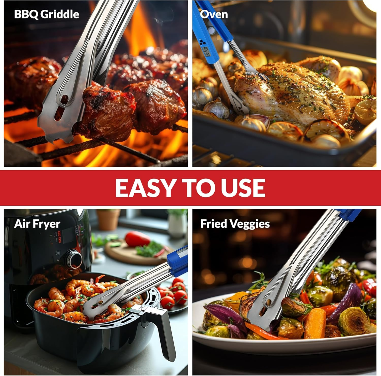 Kitchen Tongs with Thermometer for Instant Read Out - Multifunctional Long Stainless Steel BBQ Tongs for Outdoor Grilling, Cooking, Barbecue, Buffet and Turning Food - Size 15.7 Inch image number 4