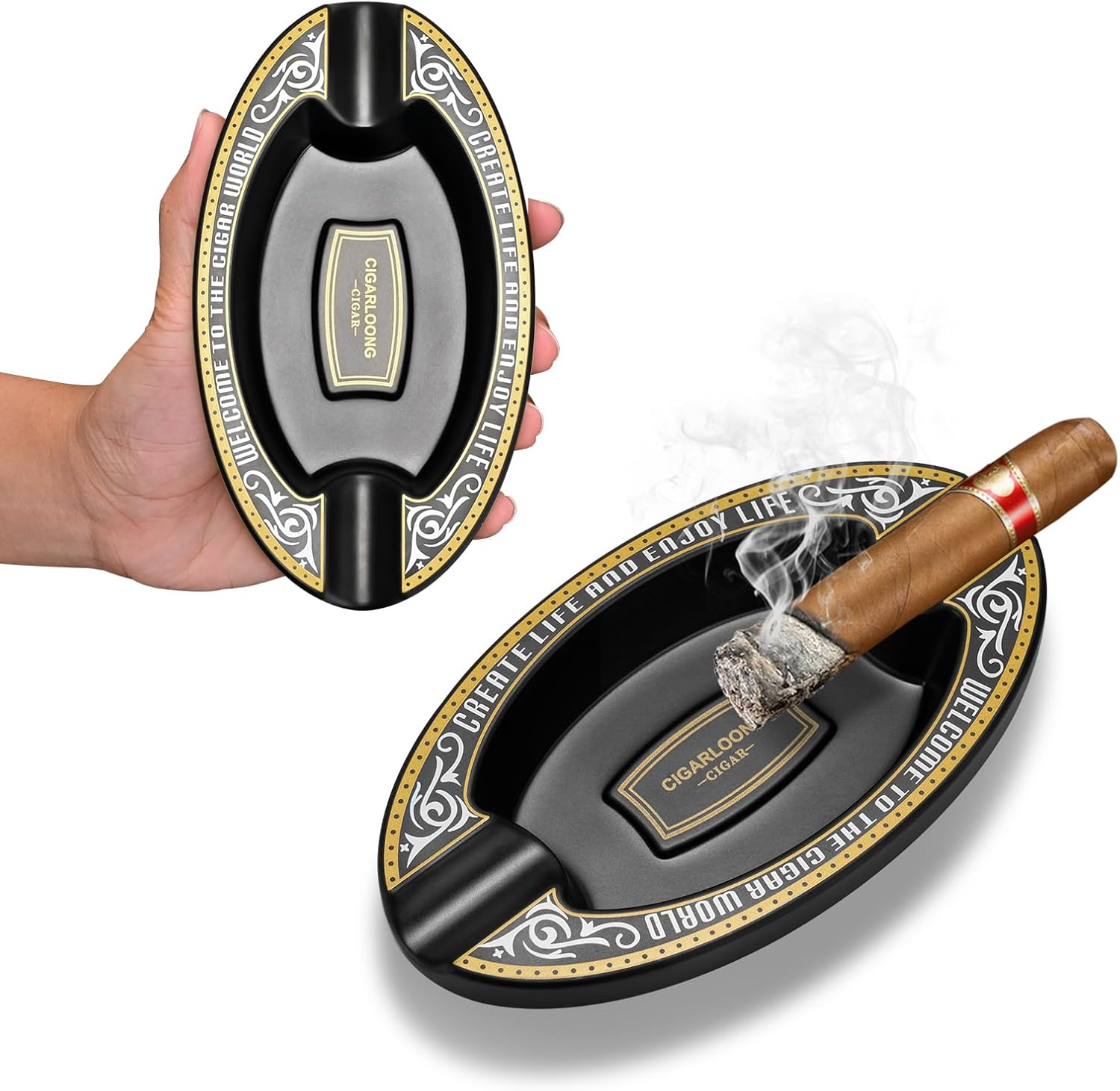 Outdoor Cigar Ashtray, Resin Ashtray, Portable Oval Cigar Ashtray with 2 Slot for Home, Patio, Travel Use(Black)