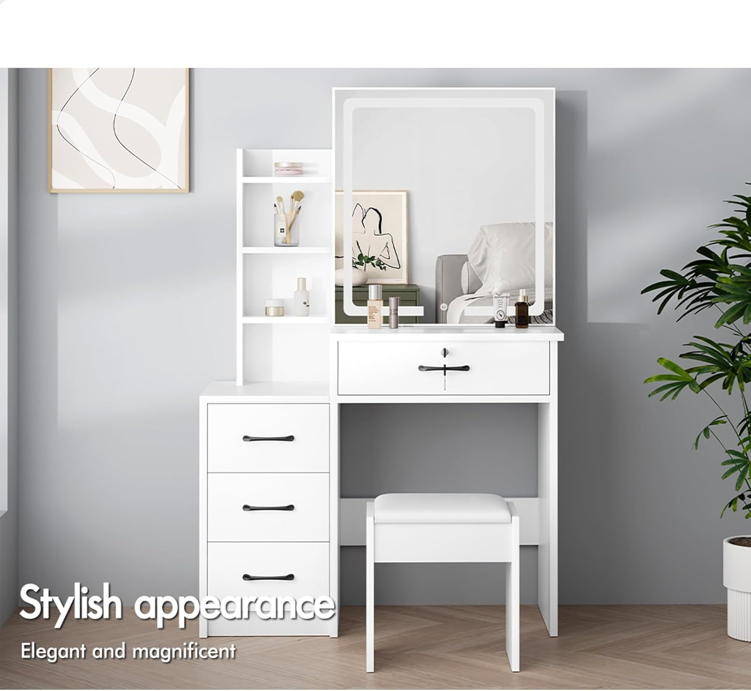 ALFORDSON 4-Drawer Vanity Set, Lockable Drawer & Sliding Mirror, Bedroom Vanity Table, 80X36X131.5Cm, White - 3 Color Lights, Hidden Storage Stool image number 5