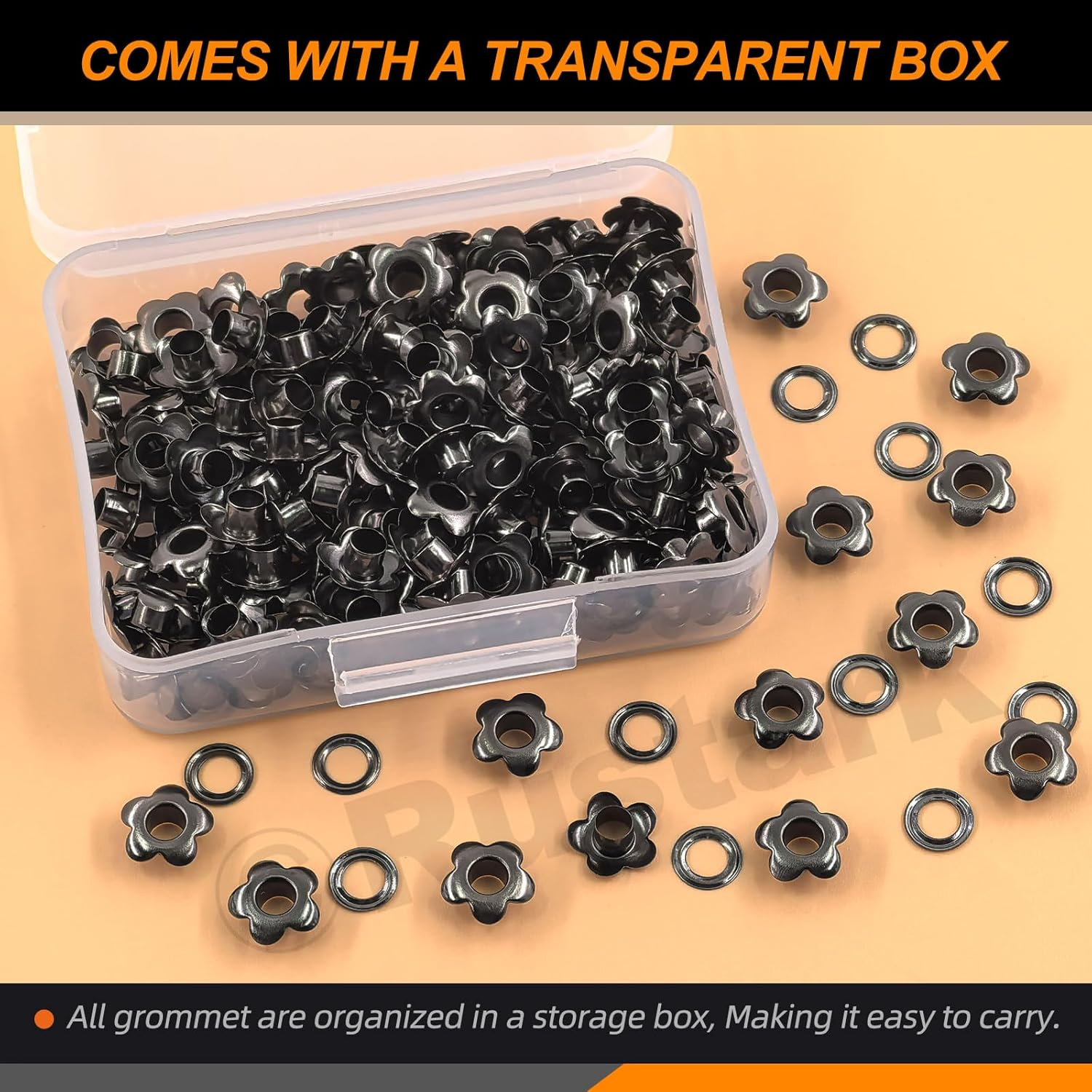 Rustark 200Pcs 5Mm Black Flower Eyelet Grommets Assortment Kit Floral Metal Eyelets Grommets Flower Shaped Craft Eyelets Findings for Shoes Clothes Leather DIY Craft