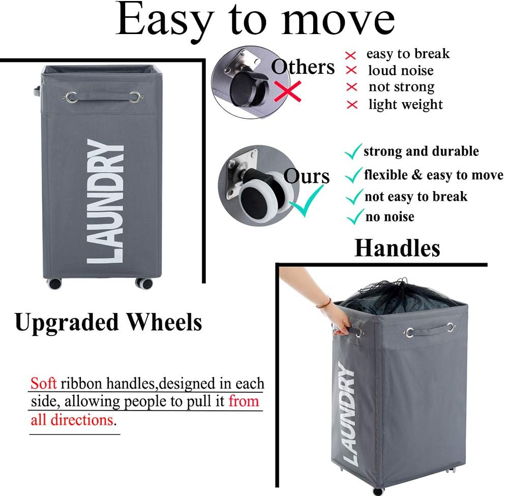 ALINK Rolling Laundry Basket with Wheels, Bathroom Laundry Hamper Large Wheeled Dirty Clothes Bin image number 5