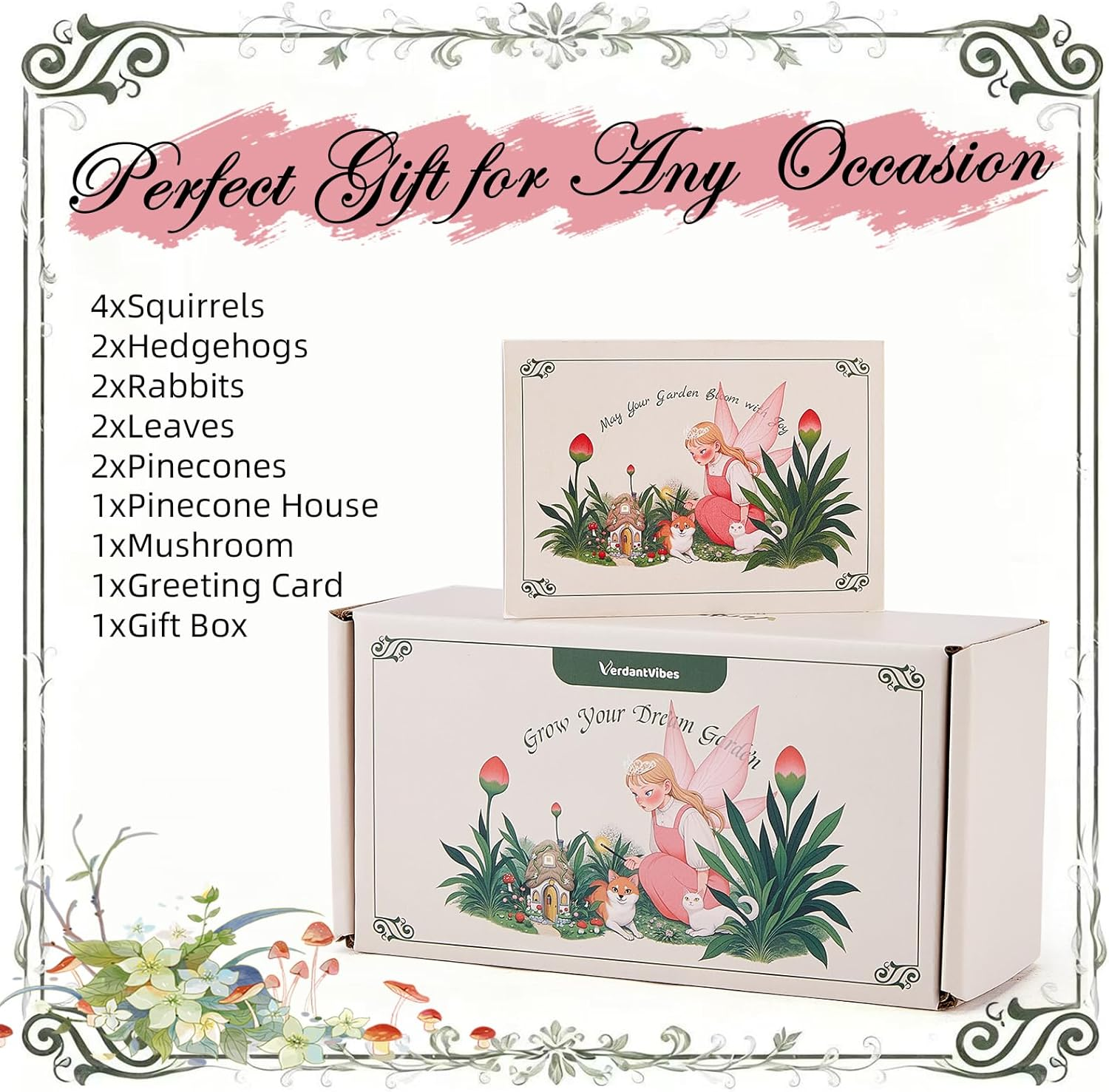 Verdantvibes Fairy Garden Accessories Kit &ndash; 15-Piece Miniature Woodland Decor with Pinecone House, Mushroom & Gift Box &ndash; Fairy Garden Figurines for Indoor Outdoor Fairy Garden Decorations image number 4