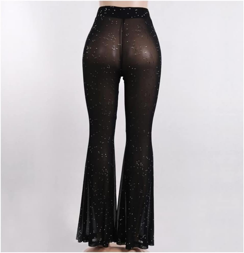 Women'S Rave Sheer Mesh Sparkly Pants Bell Bottom Rave Outfit Clothes for Festival Dance Clubwear image number 3