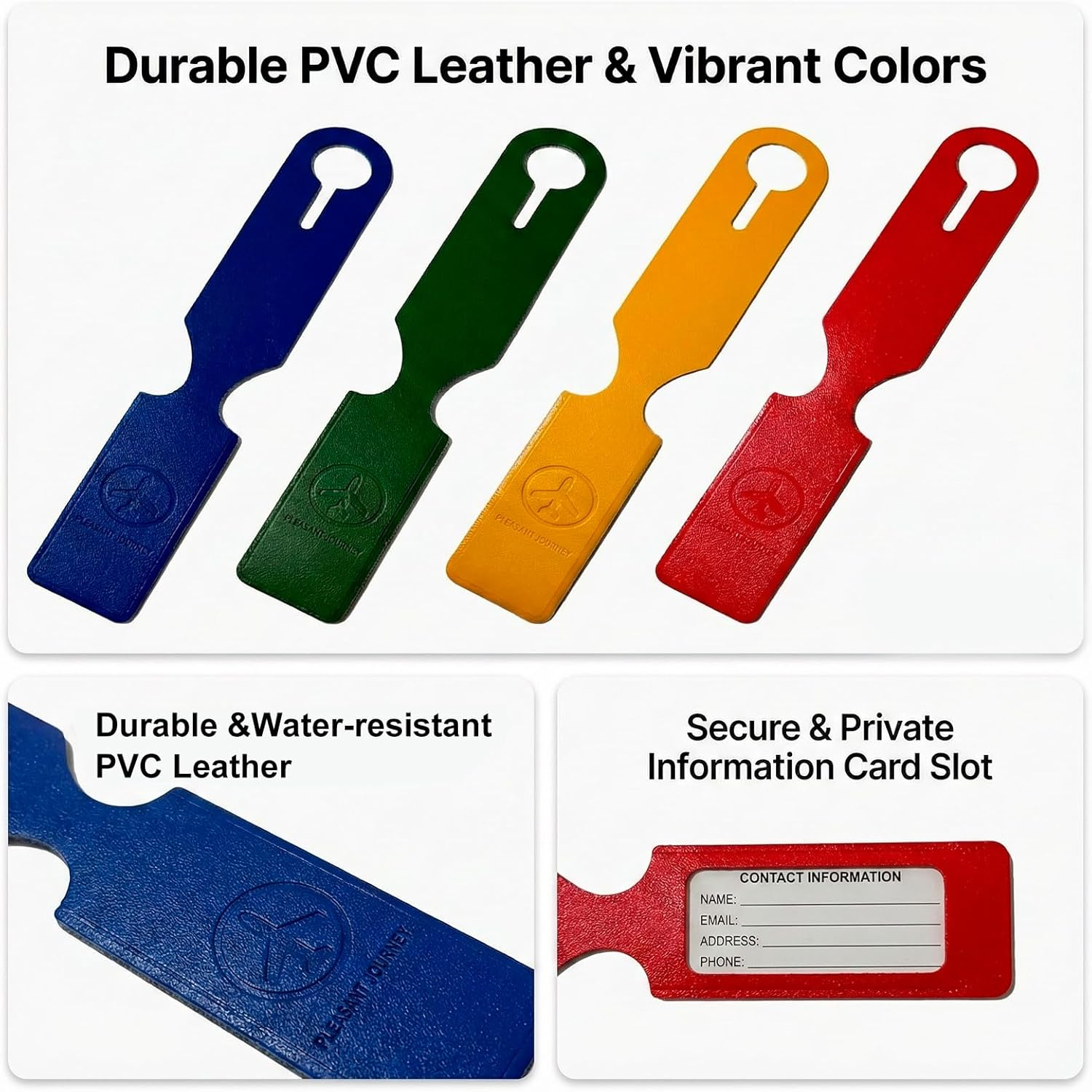 Luzcauwy 4Pcs Leather Luggage Tags - Privacy Flap Suitcase Labels for Travel - Durable ID Name Card Holder - Waterproof Accessories for Backpack Handbag School Bag - Multi Colour Set image number 3