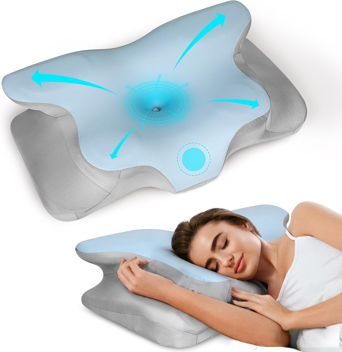Dreamz Memory Foam Pillow Neck Shoulder Arm Support Cervical Pain Ergonomic Side, Stomach & Back Sleeper Sleeping Bedding, Two Different Height, Removable Pillow Case Comfortable