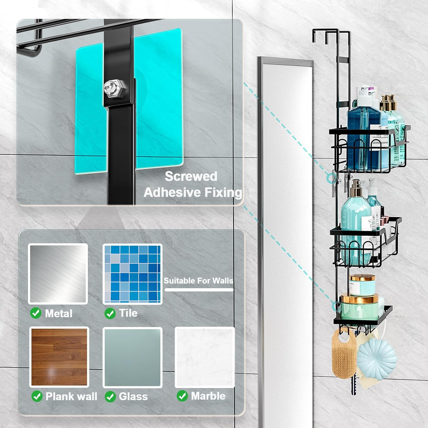 3 Tier over the Door Shower Caddy Hanging, Rustproof Bathroom Caddy Shower Shelf with 4 Hooks,Bathroom Organizer Space-Saving Storage for Shampoo, Soap & Towels