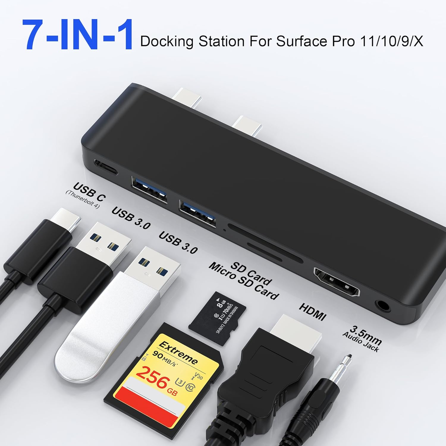Surface Pro 11/10/9 Accessories Docking Station & Adapter - 7-In-1 USB-C Hub for Dual Monitor, with 4K HDMI, USB C Thunderbolt 4 (8K@30Hz/40Gbps/100W PD), 2 USB 3.0, SD/TF Card Reader & 3.5Mm Audio