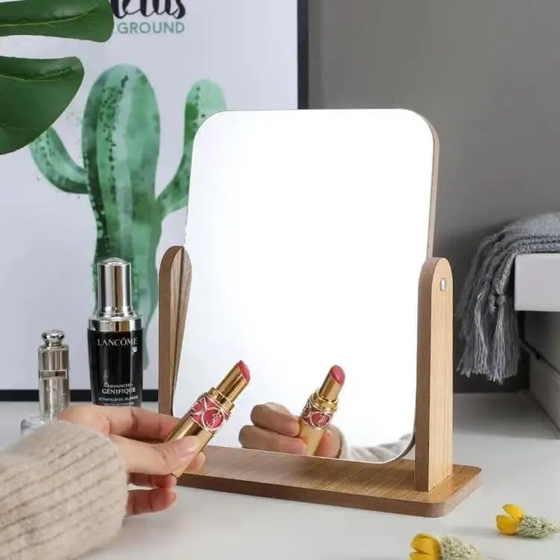 Desk Vanity Makeup Mirror with Natural Bamboo Stand Tabletop Travel, Wood Portable Table Desk Countertop Mirror Bathroom Shaving Make up Mirror Adjustable Mirror